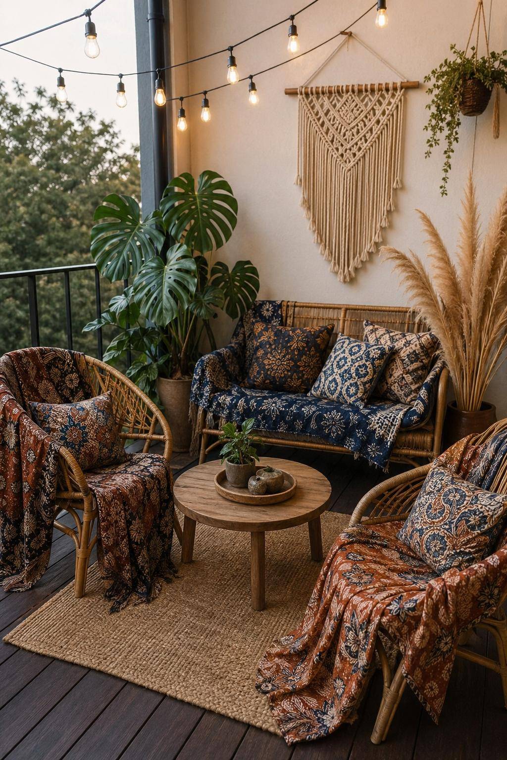 Boho-Balkon gestalten- Platziere Batikstoffe als Überwürfe