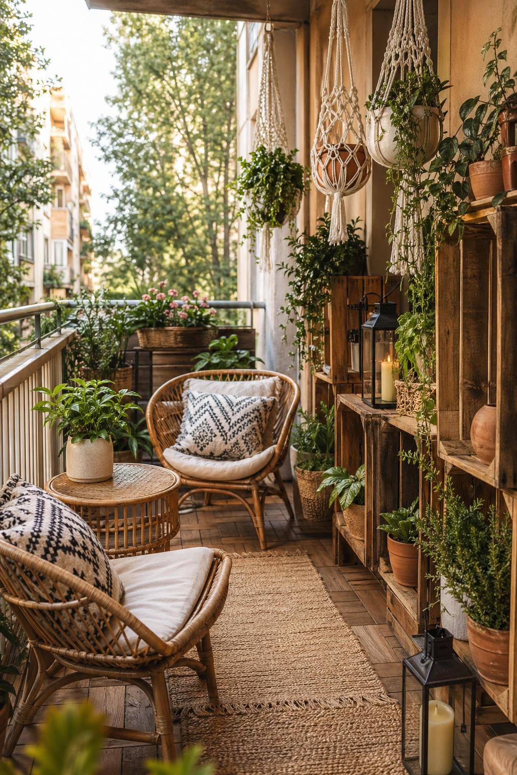 Boho-Balkon gestalten- Recycle Holzkisten als Ablageflächen