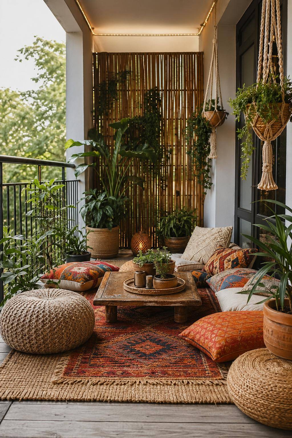 Boho-Balkon gestalten- Schaffe Sitzbereiche mit Bodenkissen