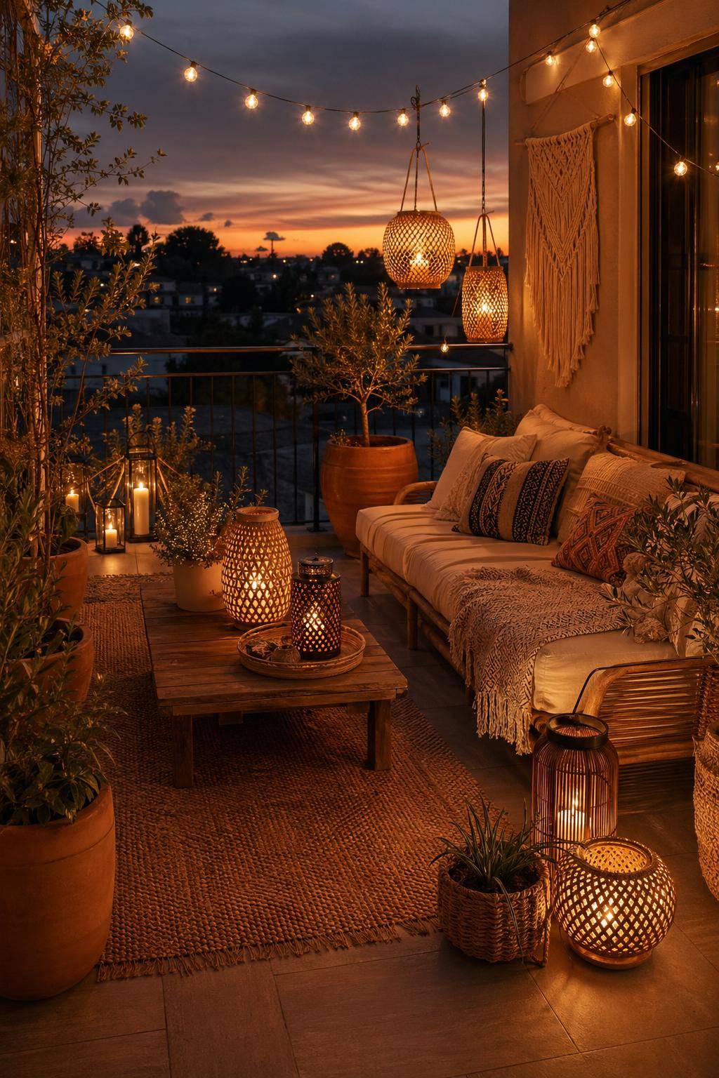 Boho-Balkon gestalten- Stelle Windlichter für stimmungsvolles Licht auf