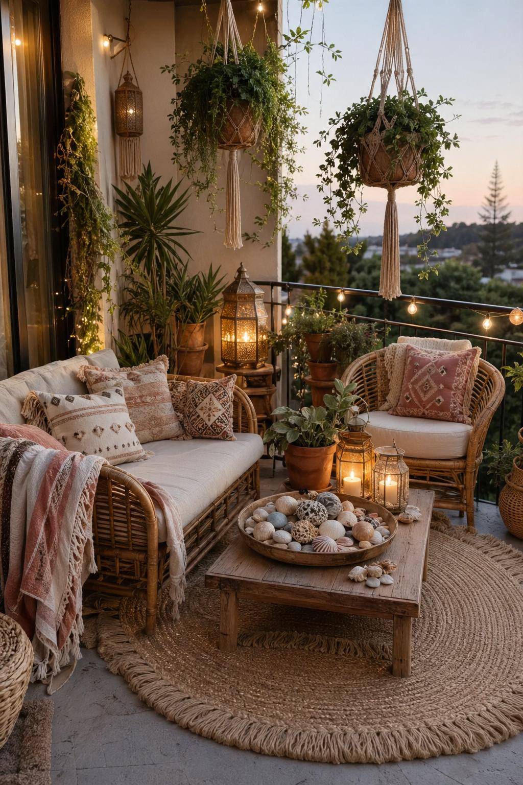 Boho-Balkon gestalten- Verwende Muscheln und Steine als Deko