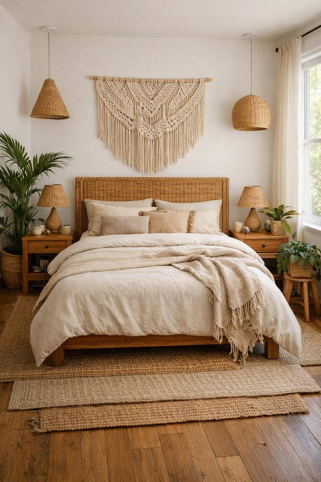 Boho-Schlafzimmer einrichten-Wähle natürliche Materialien wie Rattan und Holz