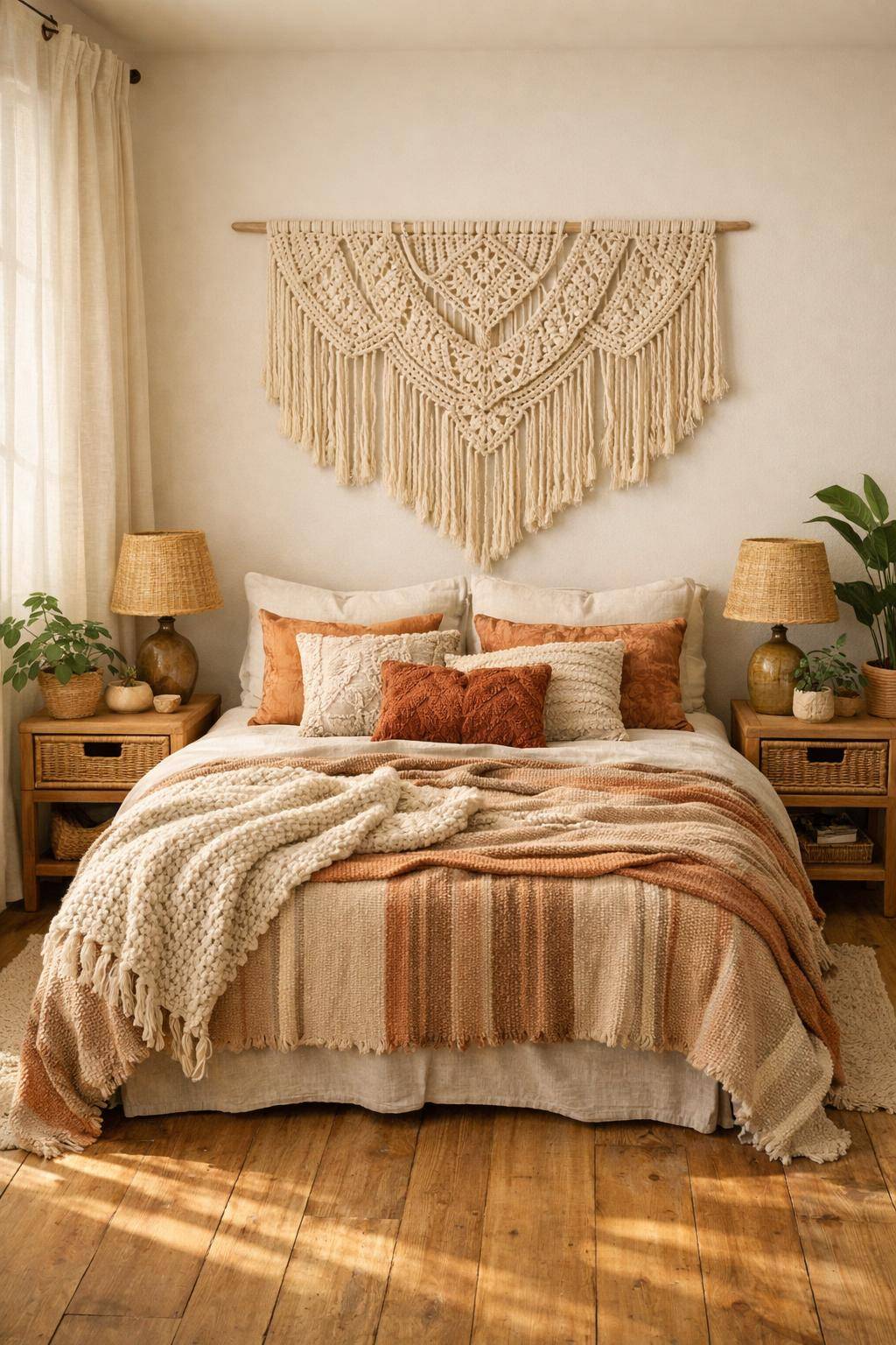 Boho-Schlafzimmer einrichten- Hänge Makramee-Wanddekorationen gezielt auf