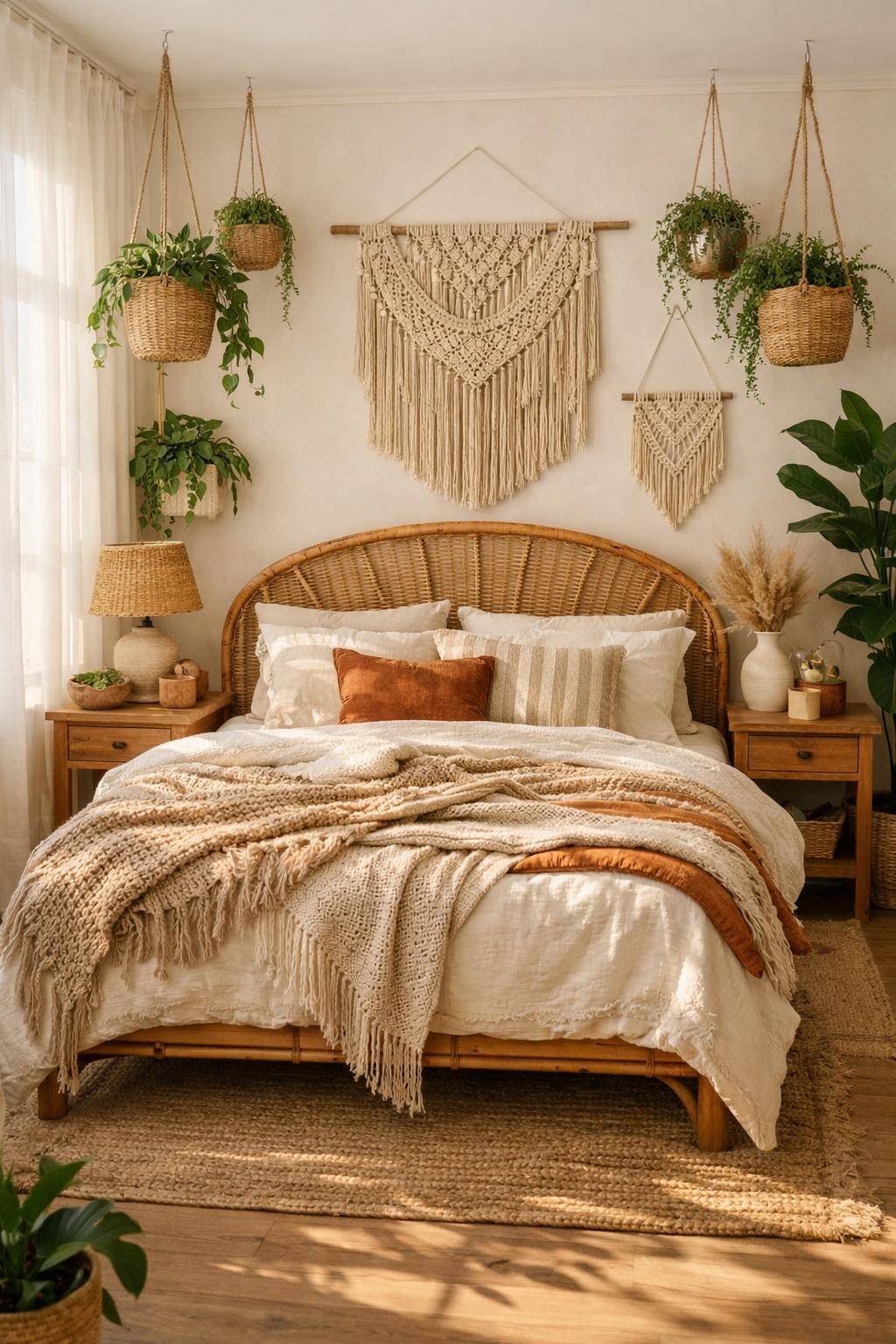 Boho-Schlafzimmer einrichten- Integriere Pflanzen für lebendige Frische