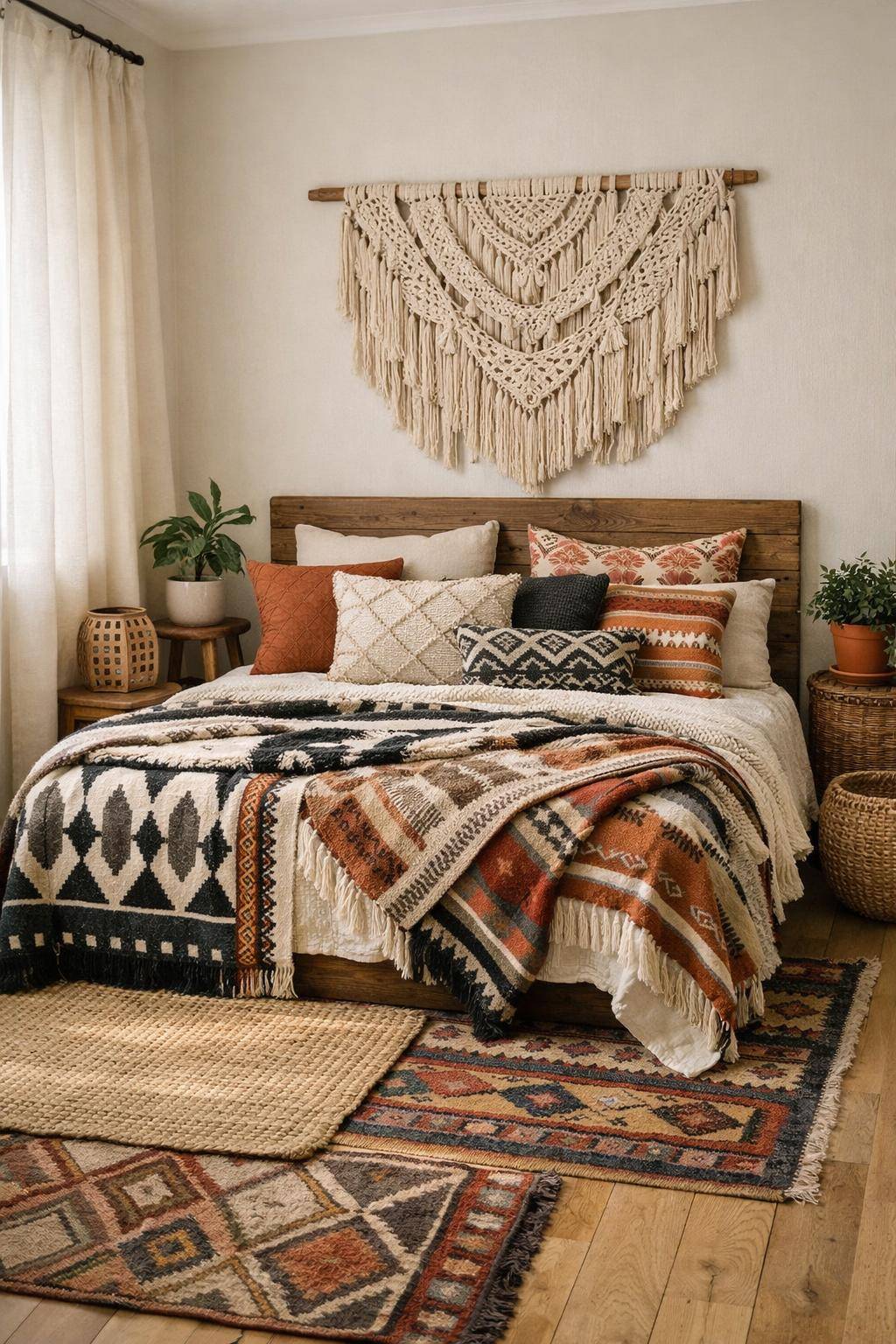 Boho-Schlafzimmer einrichten- Kombiniere verschiedene Muster und Textilien