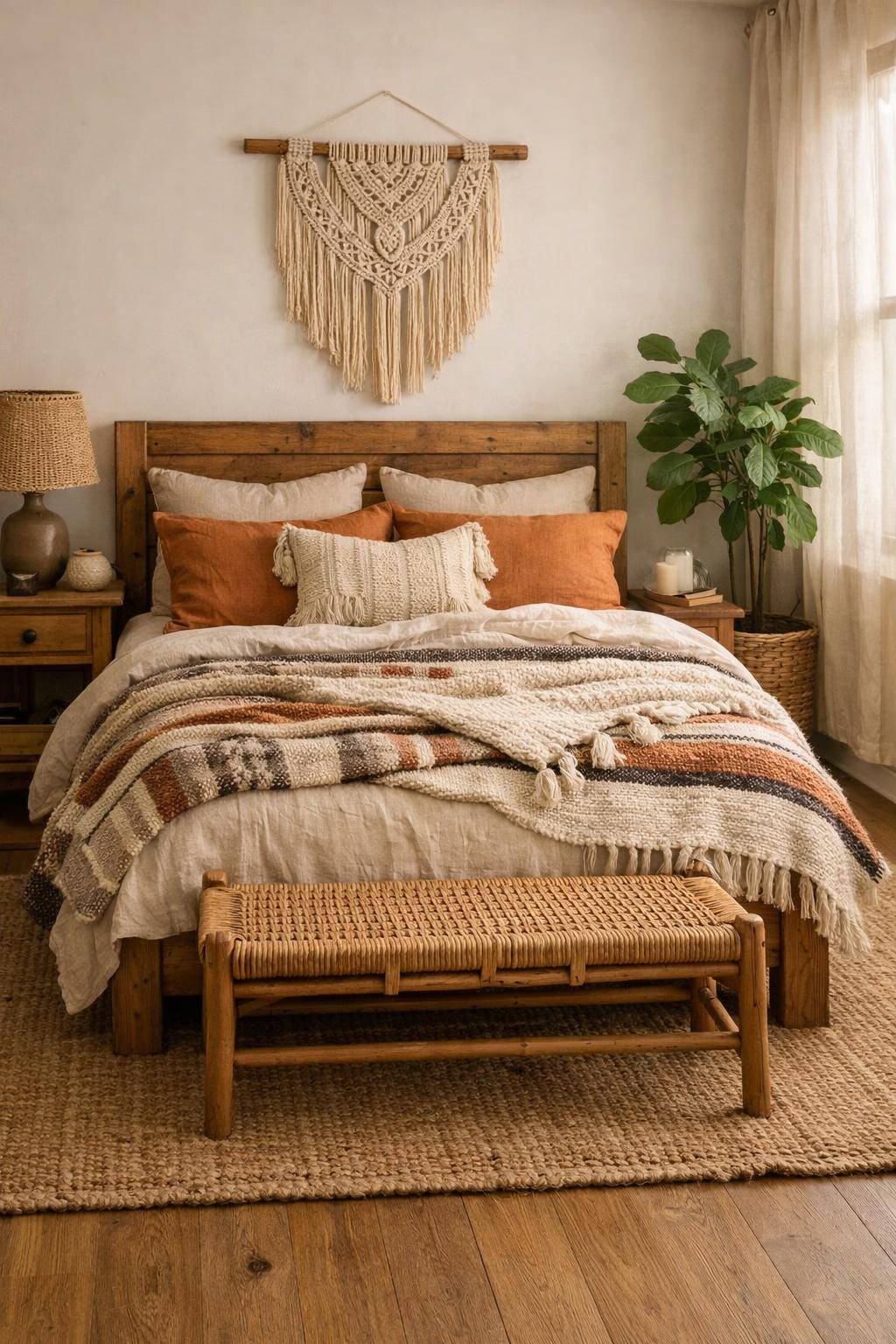 Boho-Schlafzimmer einrichten- Lege handgewebte Decken übereinander