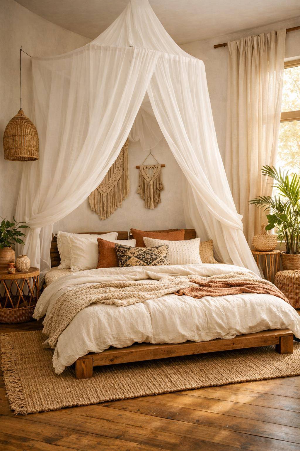 Boho-Schlafzimmer einrichten- Platziere einen Baldachin über dem Bett