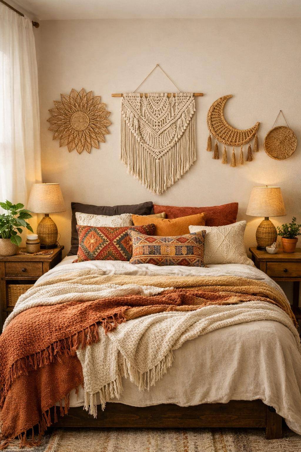 Boho-Schlafzimmer einrichten- Schmücke dein Bett mit bunten Kissen