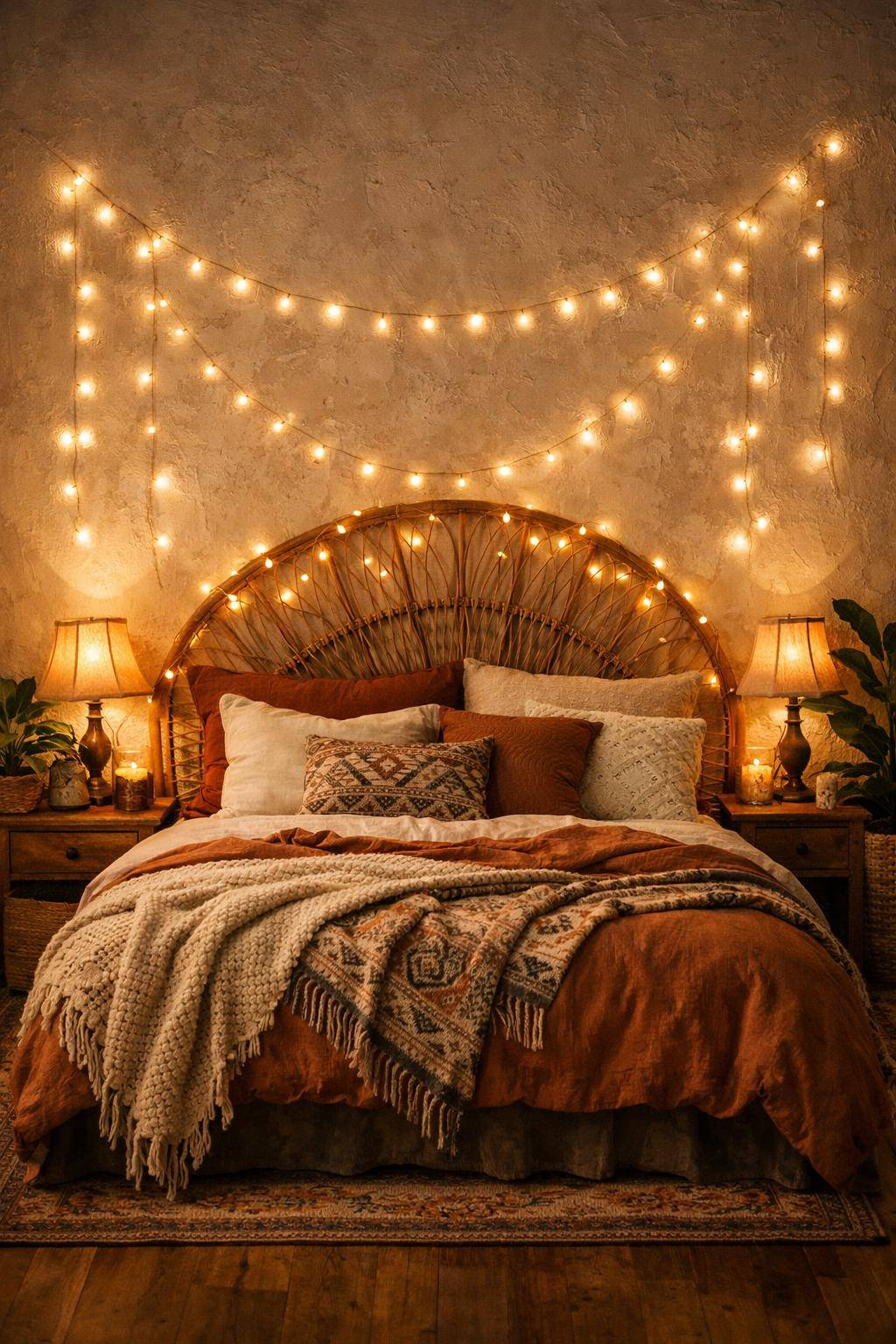 Boho-Schlafzimmer einrichten- Setze auf verspielte Lichterketten