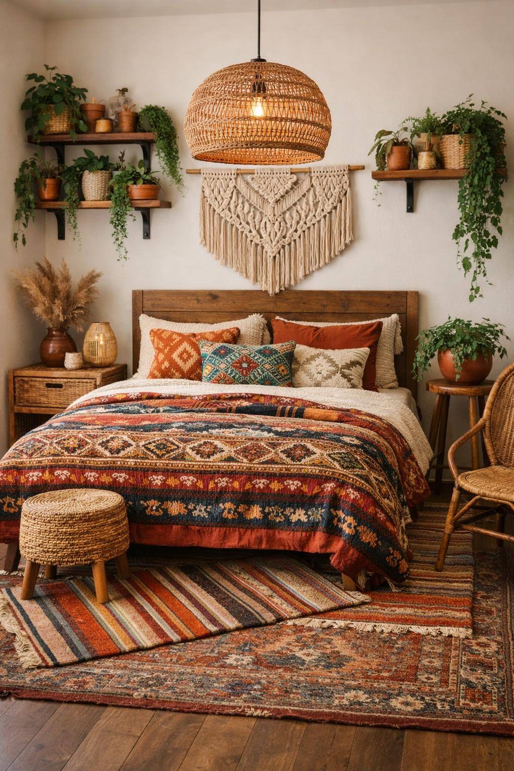 Boho-Schlafzimmer einrichten- Spare nicht an Ethno-Muster