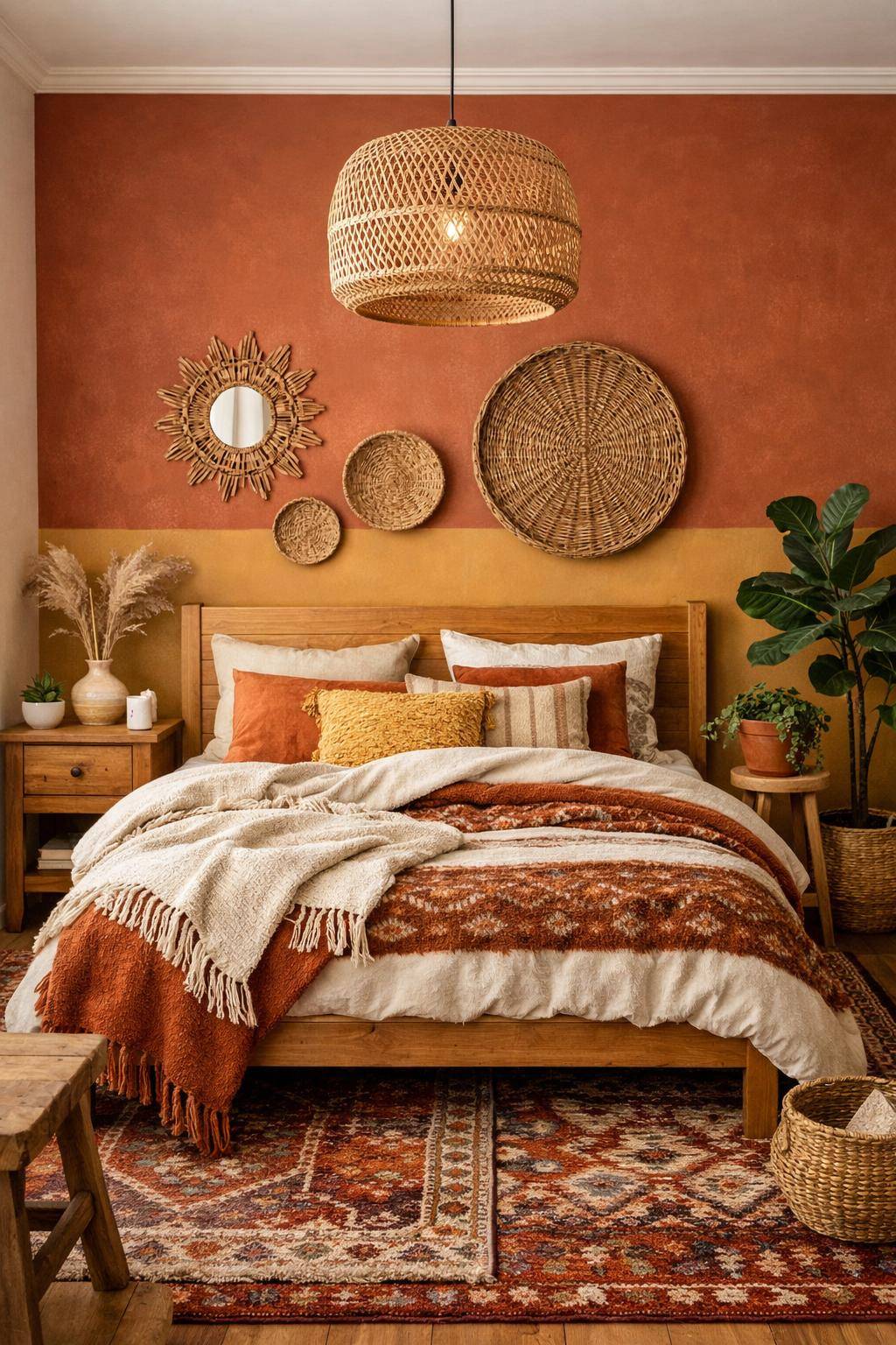 Boho-Schlafzimmer einrichten- Streiche eine Wand in warmen Erdtönen