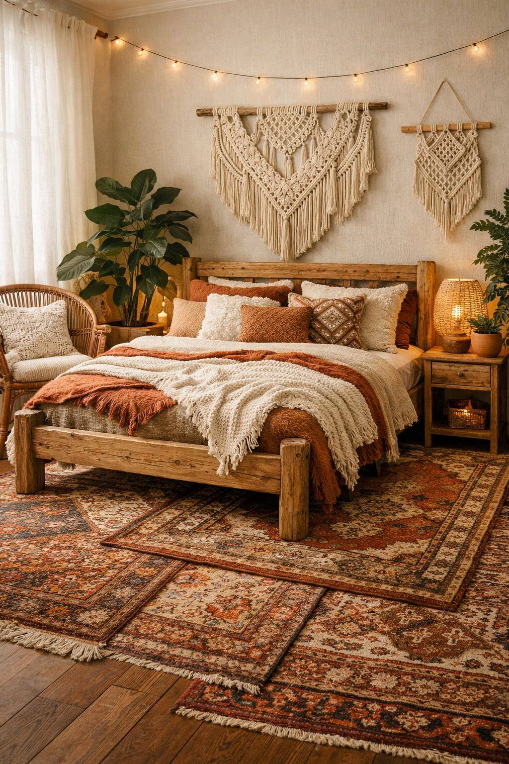 Boho-Schlafzimmer einrichten- Verteile orientalische Teppiche großzügig
