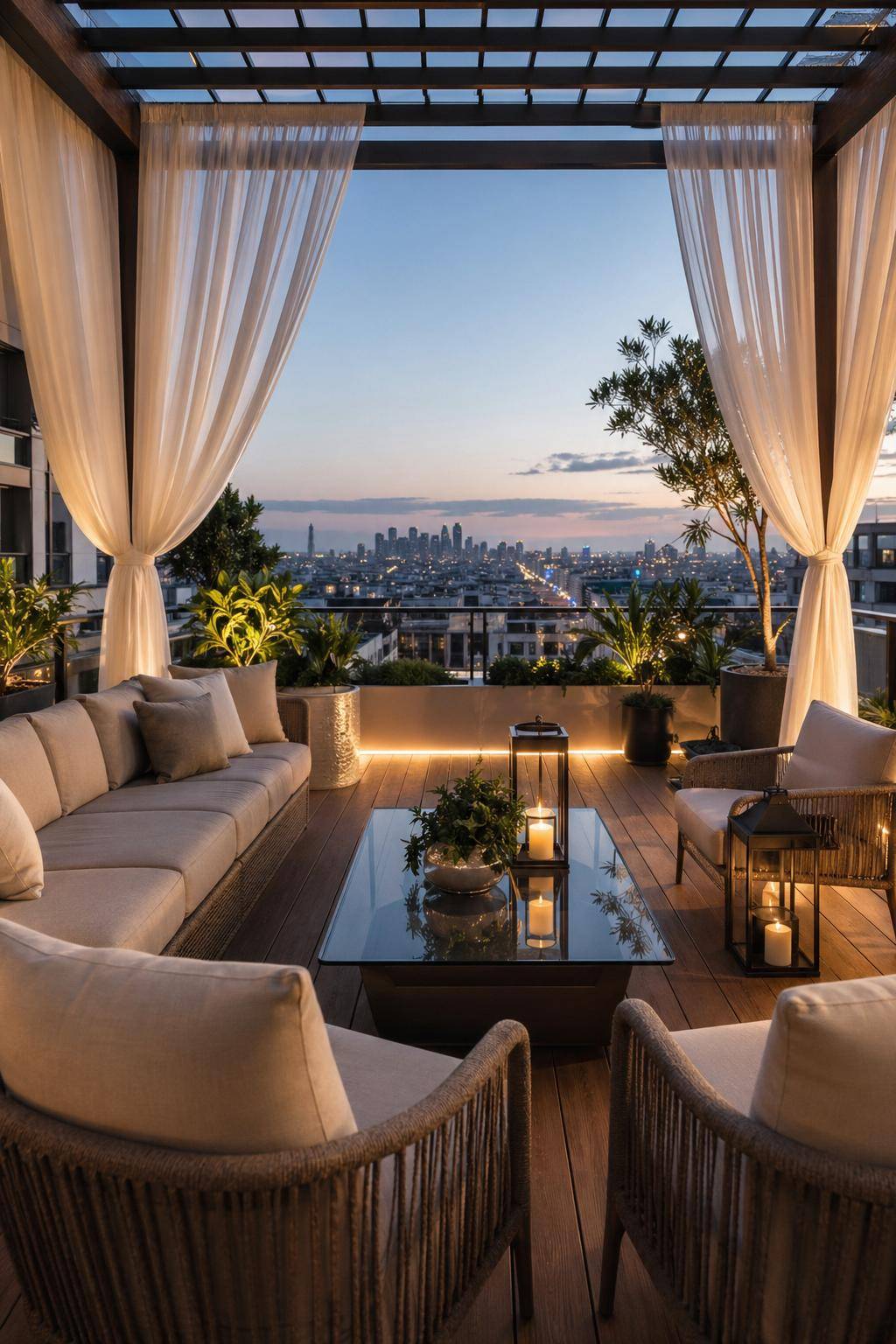 Dachterrasse gestalten- Arrangiere Outdoor-Vorhänge für ein Wohnzimmer-Gefühl