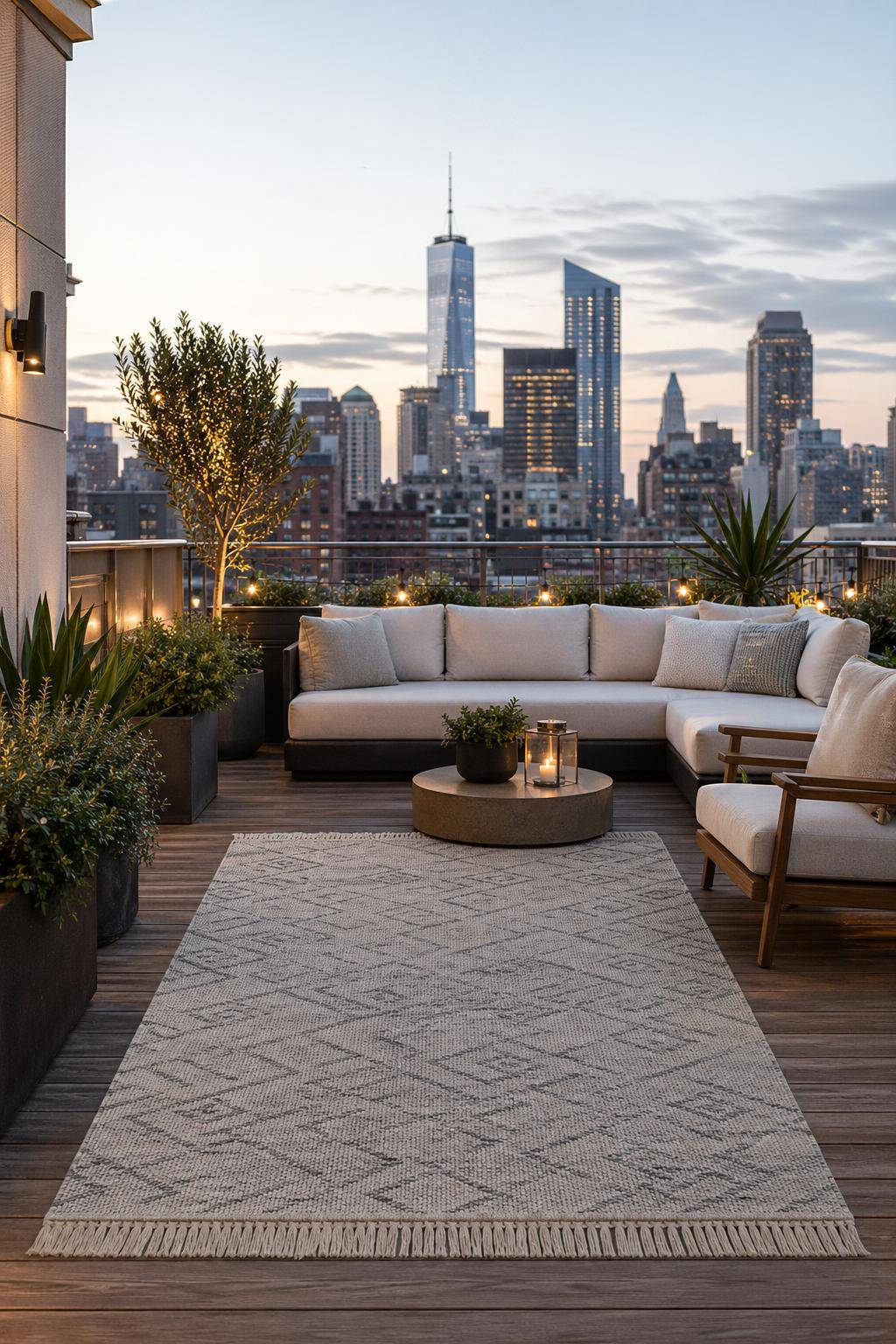 Dachterrasse gestalten- Integriere ein Outdoor-Teppich für Gemütlichkeit