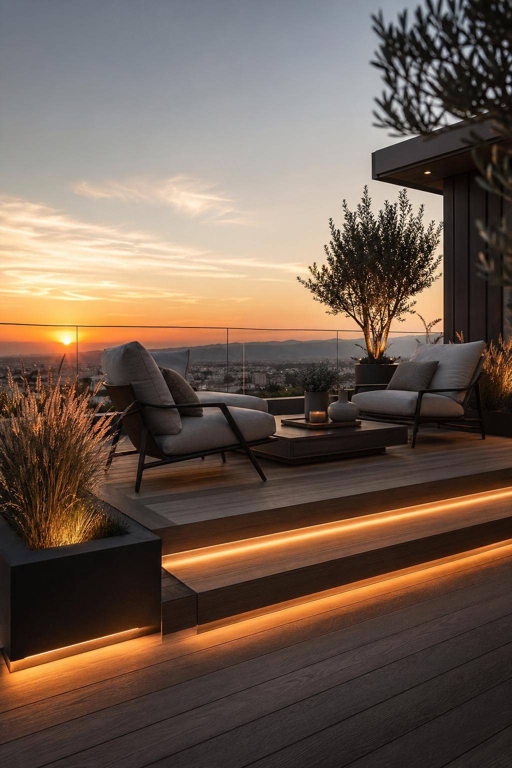 Dachterrasse gestalten- Positioniere Lounge-Sessel für Sonnenuntergänge