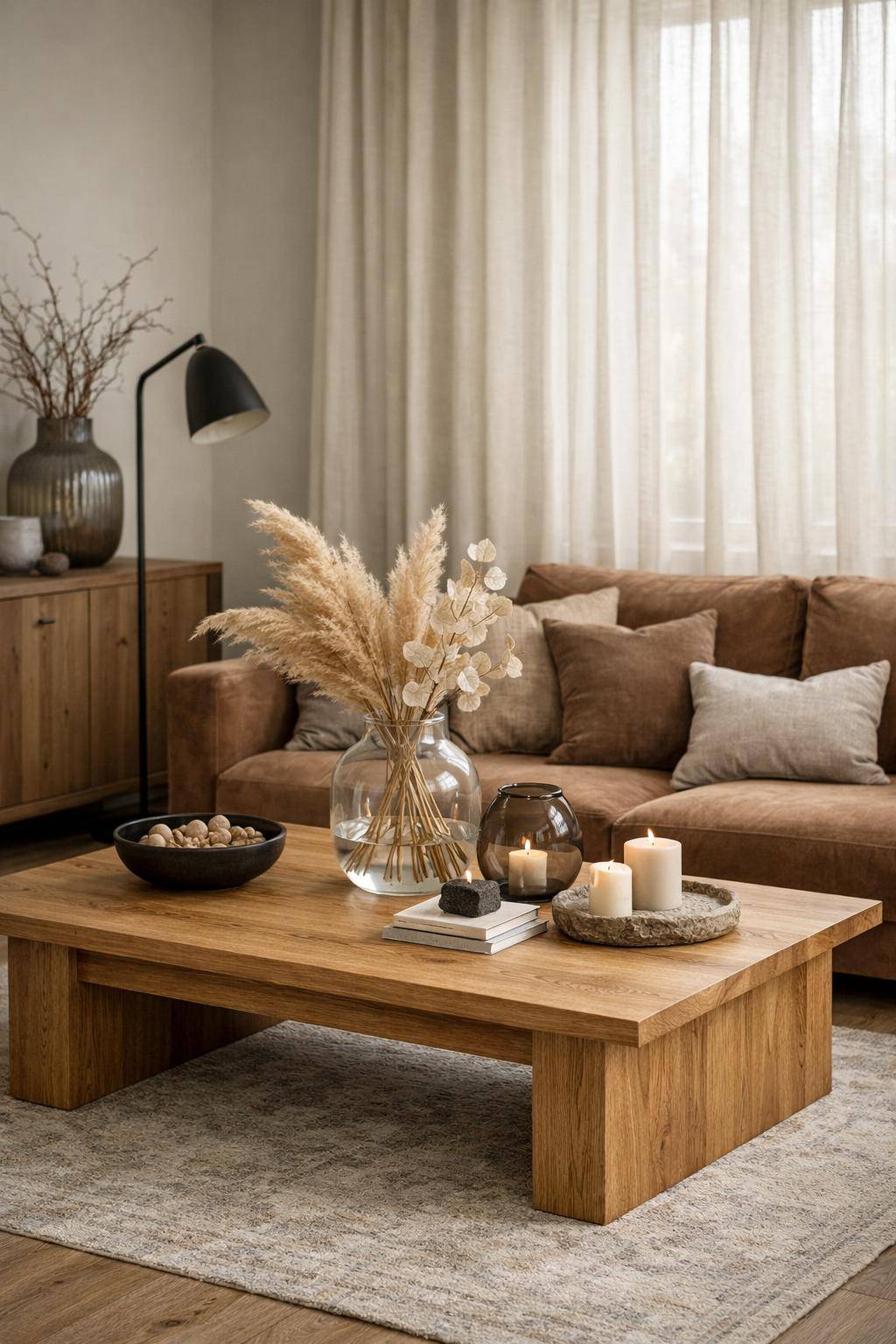 Dekorationsideen für dein Wohnzimmer- Mixe Materialien wie Holz, Metall oder Glas