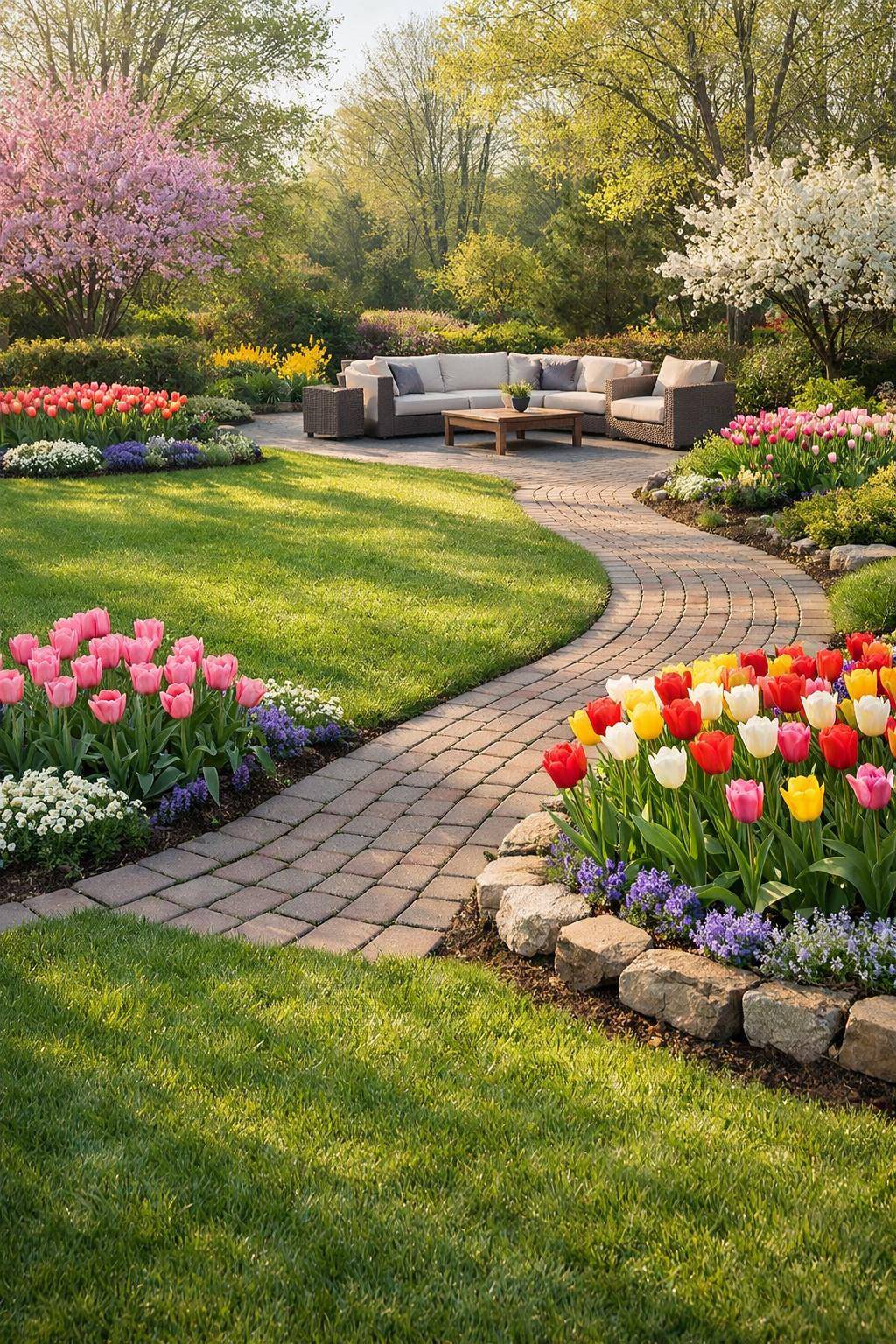 Die schönsten Frühlingsblumen für deinen Garten- Integriere Tulpeninseln für Farbakzente im Beet