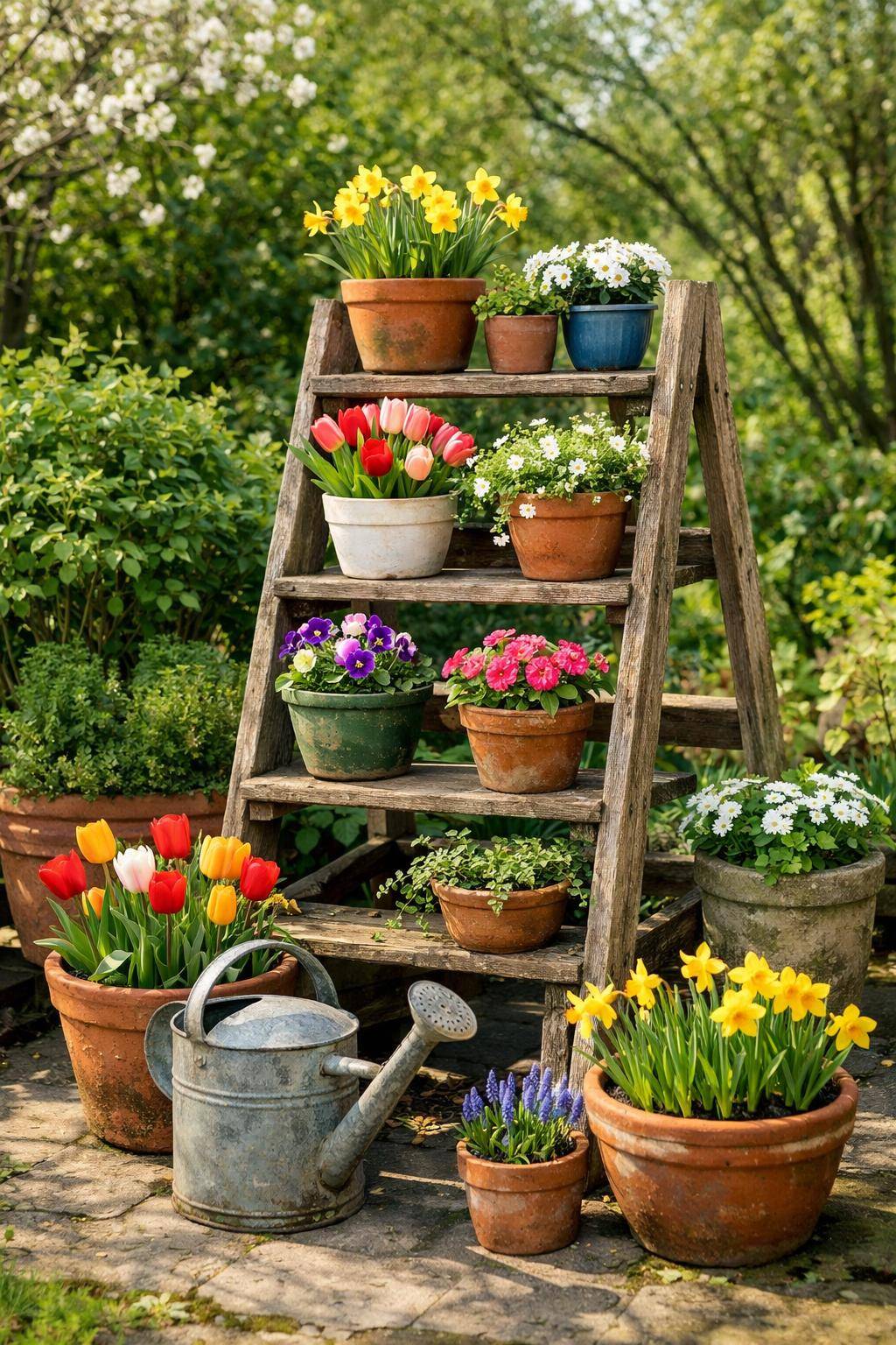 Frühlingsdeko für den Garten: Ideen & Inspiration- Arrangiere Töpfe auf einer alten Leiter