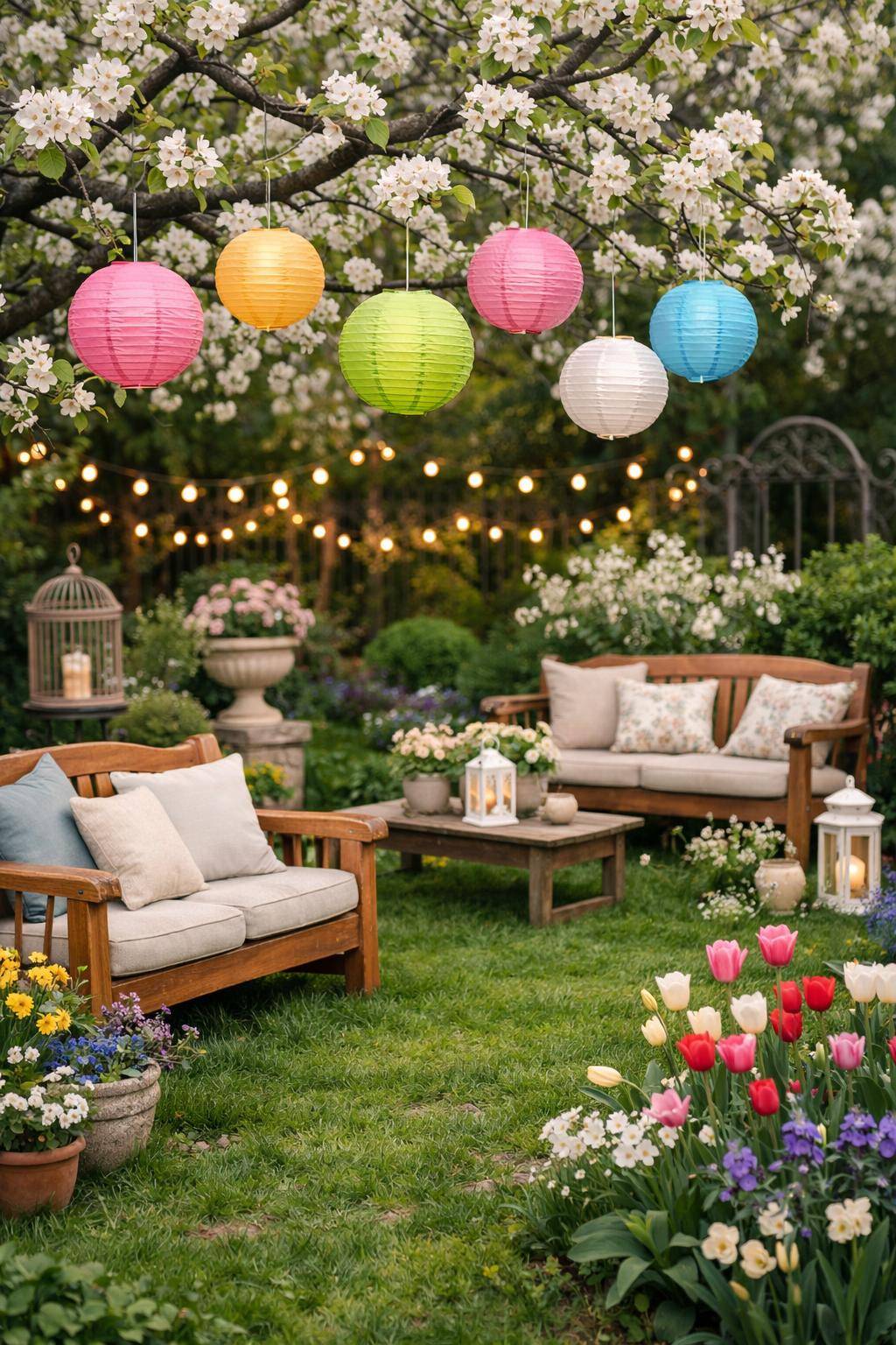 Frühlingsdeko für den Garten: Ideen & Inspiration- Hänge bunte Lampions in die Bäume