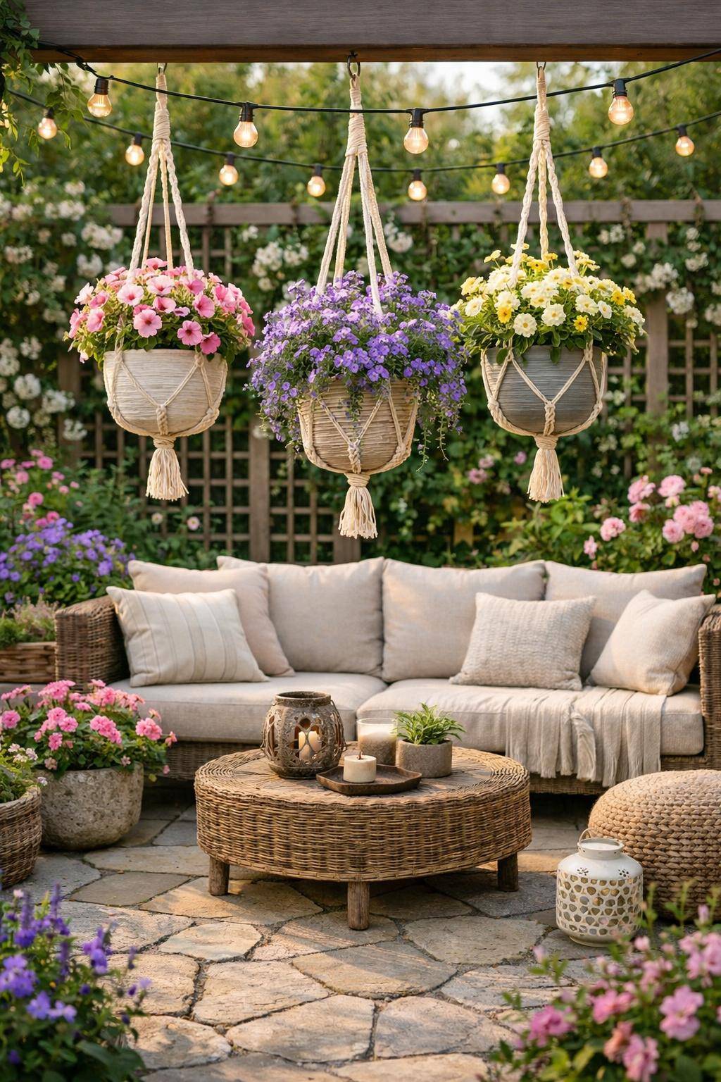 Frühlingsdeko für den Garten: Ideen & Inspiration- Nutze hängende Makramee-Blumenampeln
