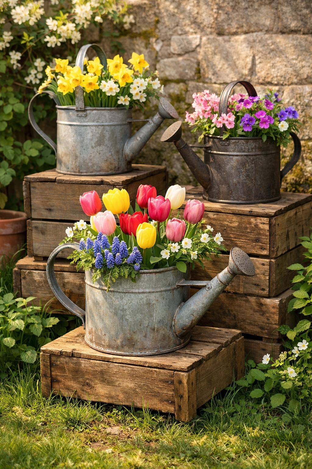 Frühlingsdeko für den Garten: Ideen & Inspiration- Pflanze Frühlingsblumen in alten Gießkannen