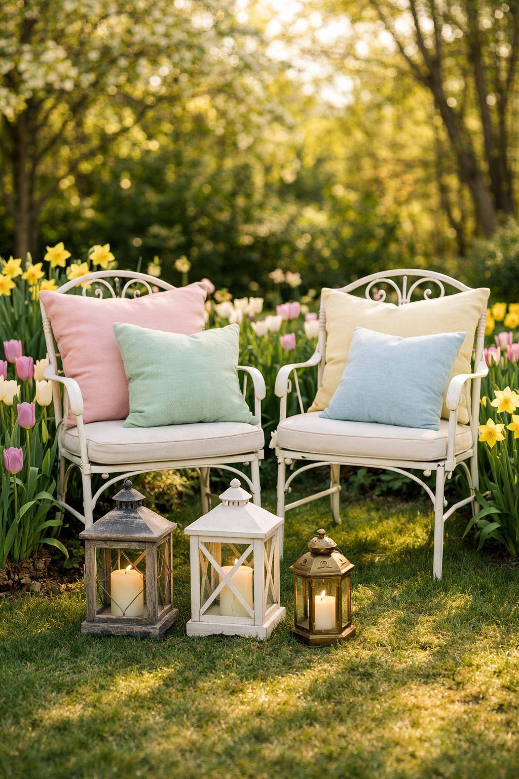Frühlingsdeko für den Garten: Ideen & Inspiration- Platziere große Kissen auf Gartenstühlen