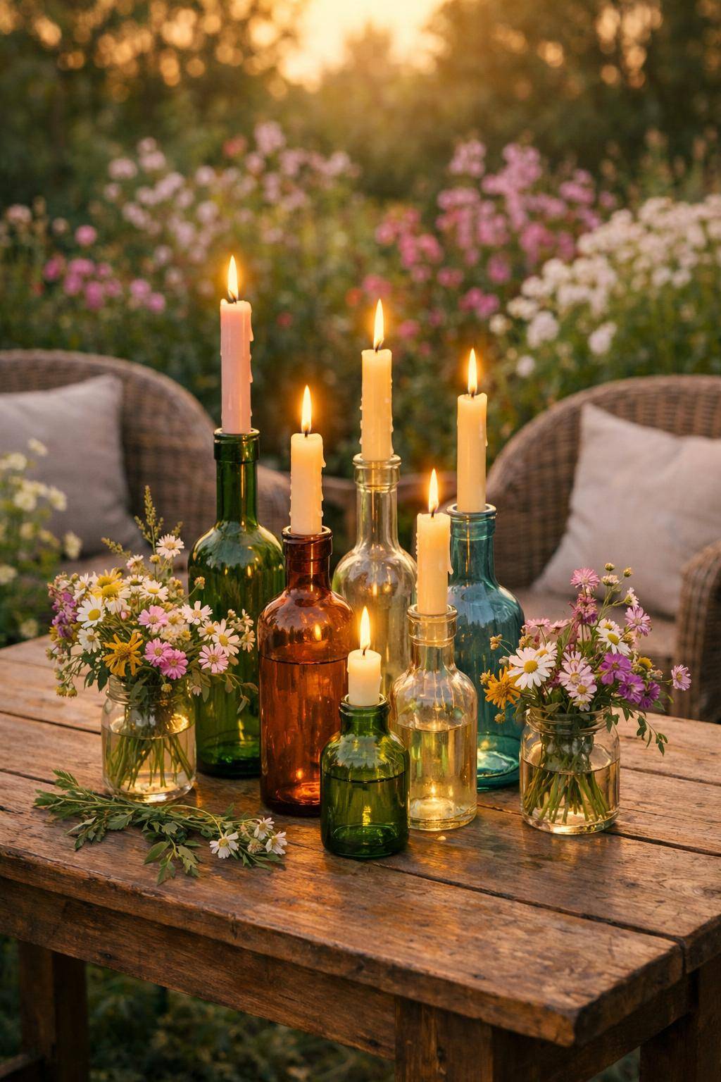 Frühlingsdeko für den Garten: Ideen & Inspiration- Verwende Glasflaschen als Kerzenhalter