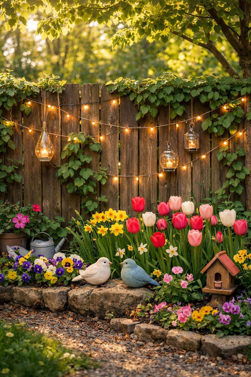 Frühlingsdeko für den Garten: Ideen & Inspiration- Wickle Lichterketten um den Gartenzaun