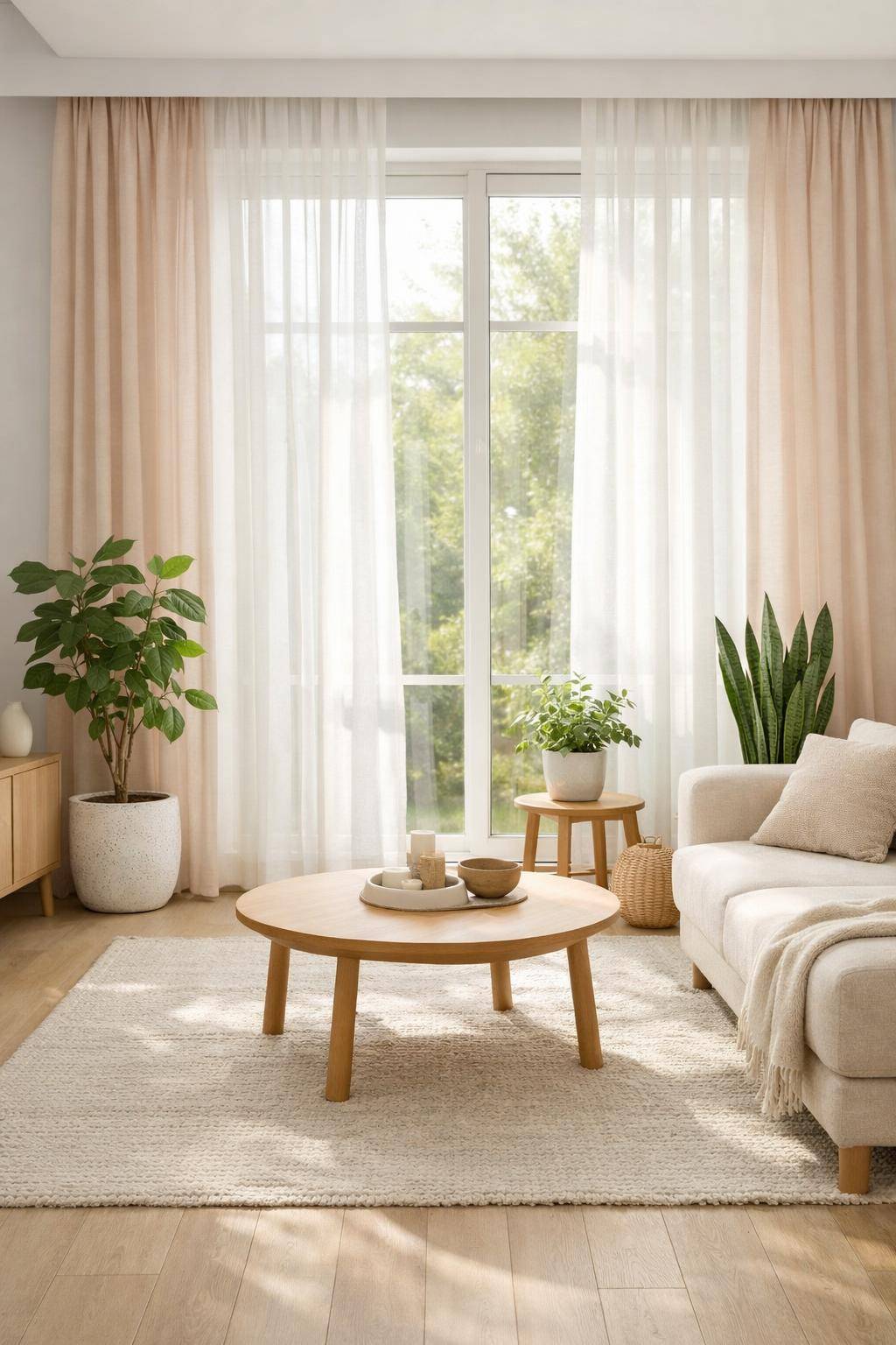 Gardinen-Ideen fürs Wohnzimmer-Setze auf bodenlange, leichte Vorhänge im Pastellton