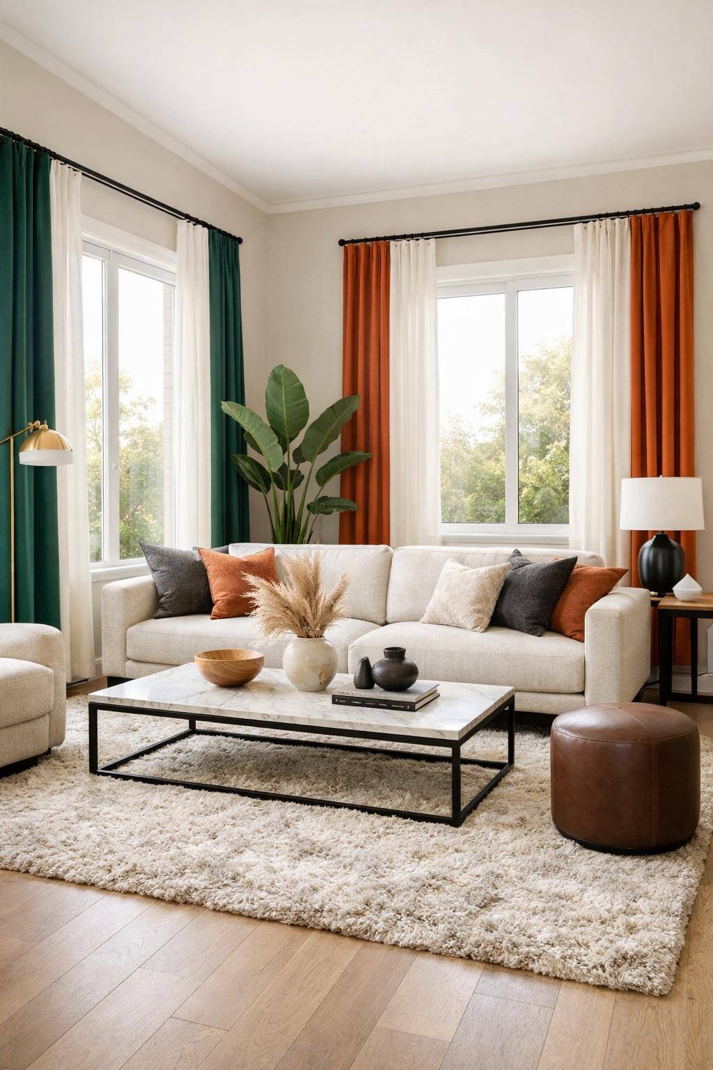 Gardinen-Ideen fürs Wohnzimmer- Betone Ecken durch farblich abgesetzte Gardinenenden