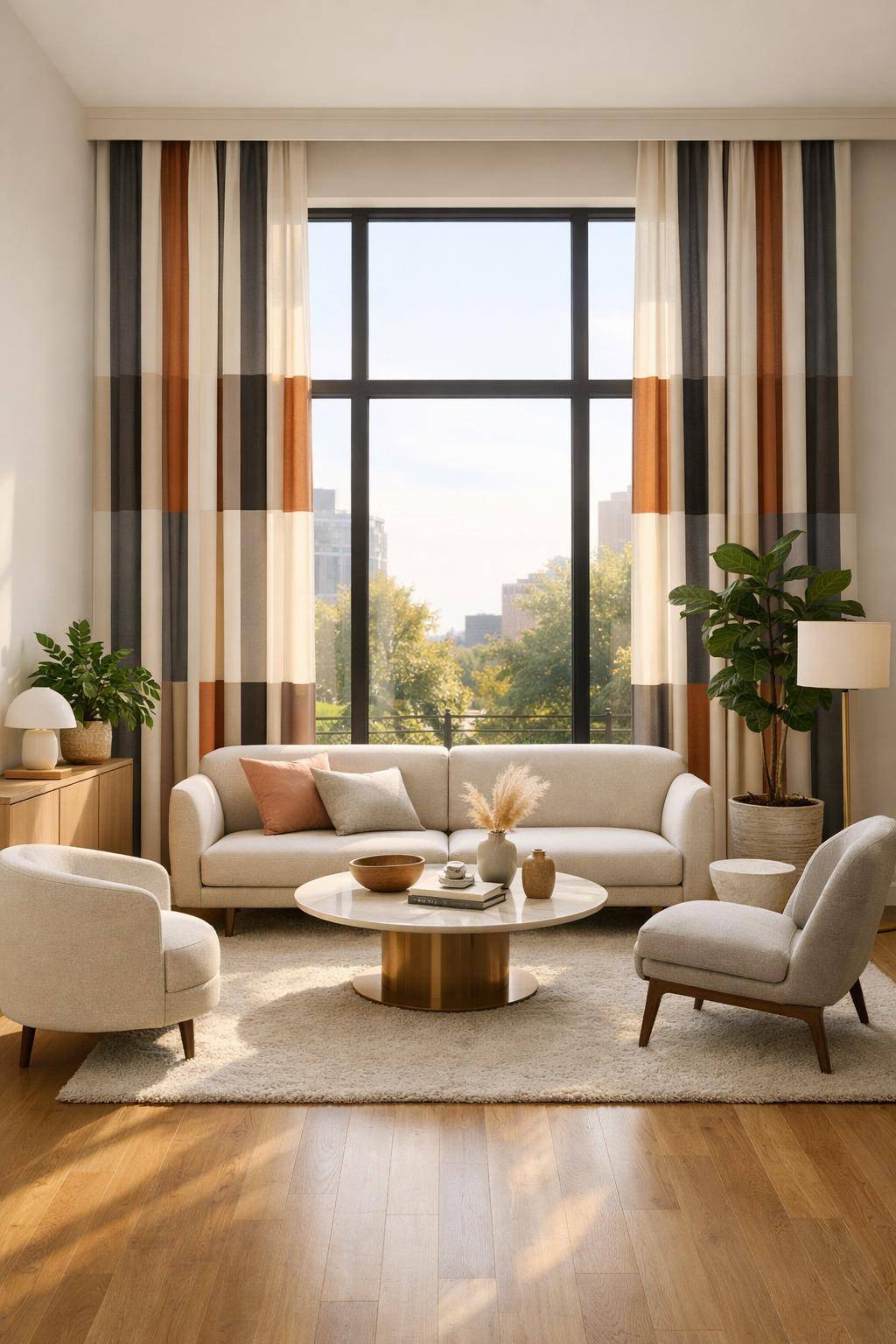 Gardinen-Ideen fürs Wohnzimmer- Betone die Fensterhöhe mit vertikalen Streifen
