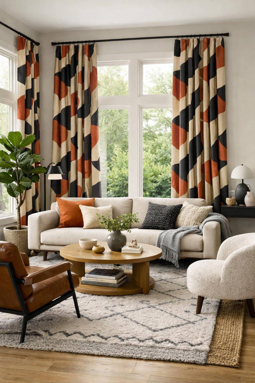 Gardinen-Ideen fürs Wohnzimmer- Experimentiere mit gemusterten Gardinen für Statement-Effekte