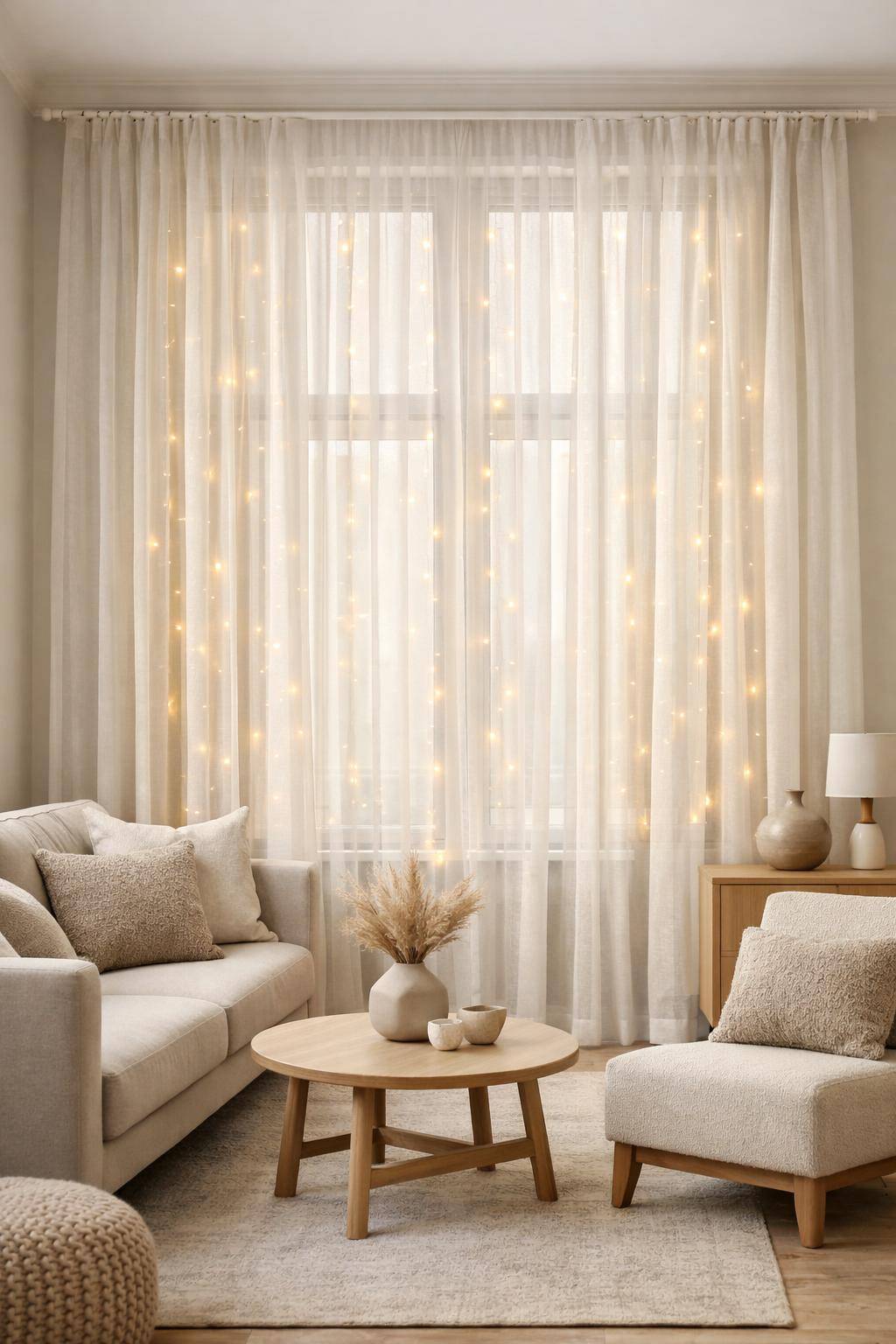 Gardinen-Ideen fürs Wohnzimmer- Integriere Lichterketten hinter transparenten Stoffen