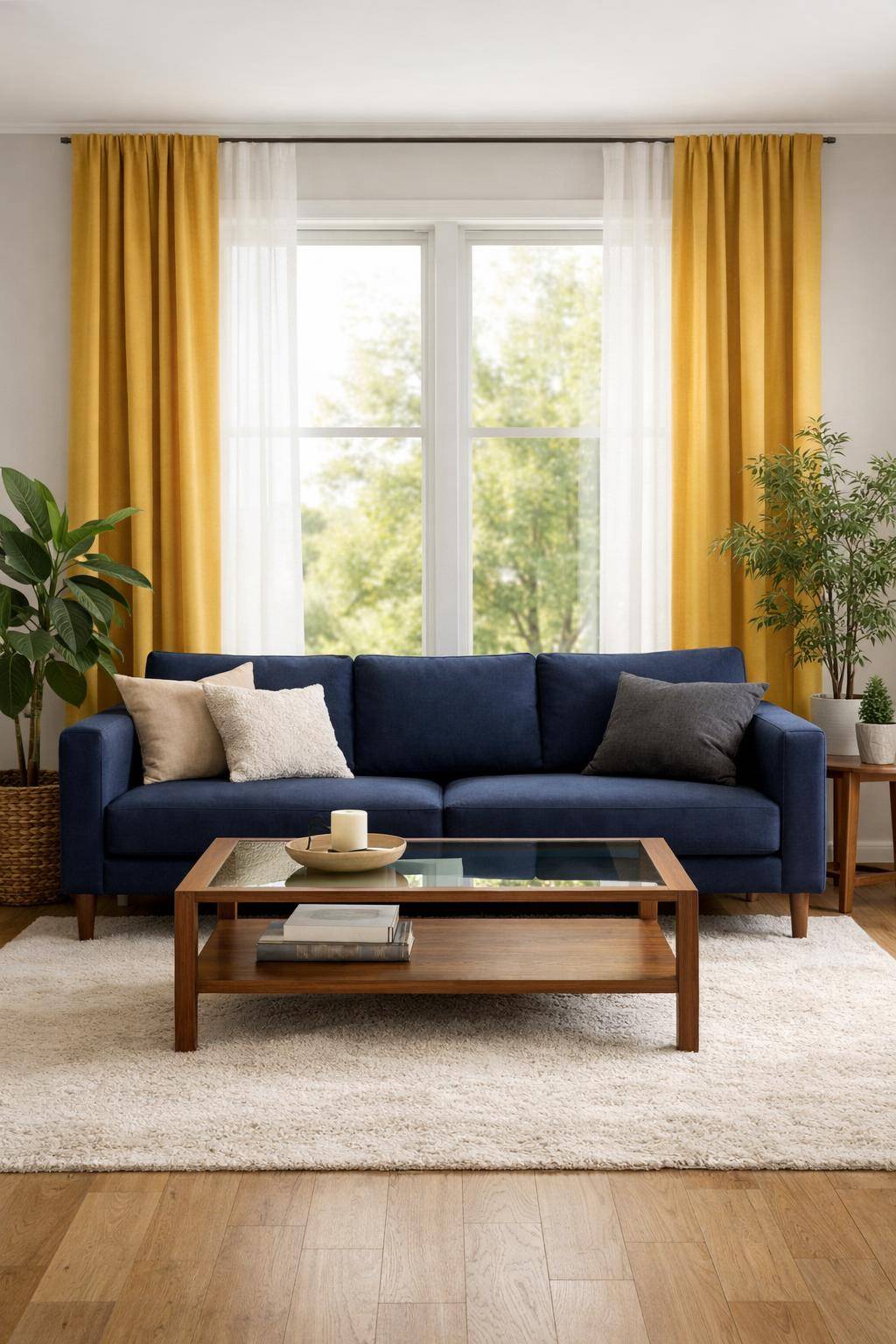 Gardinen-Ideen fürs Wohnzimmer- Spiele mit kontrastierenden Farben zum Sofabezug