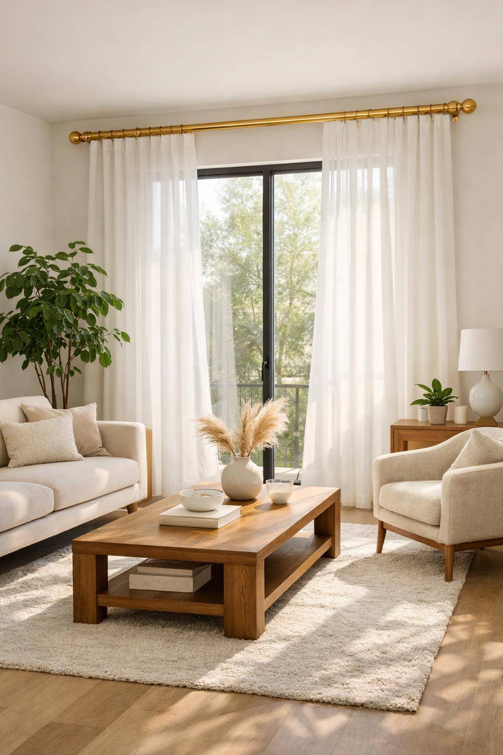 Gardinen-Ideen fürs Wohnzimmer- Verwende goldene oder schwarze Gardinenstangen als Hingucker