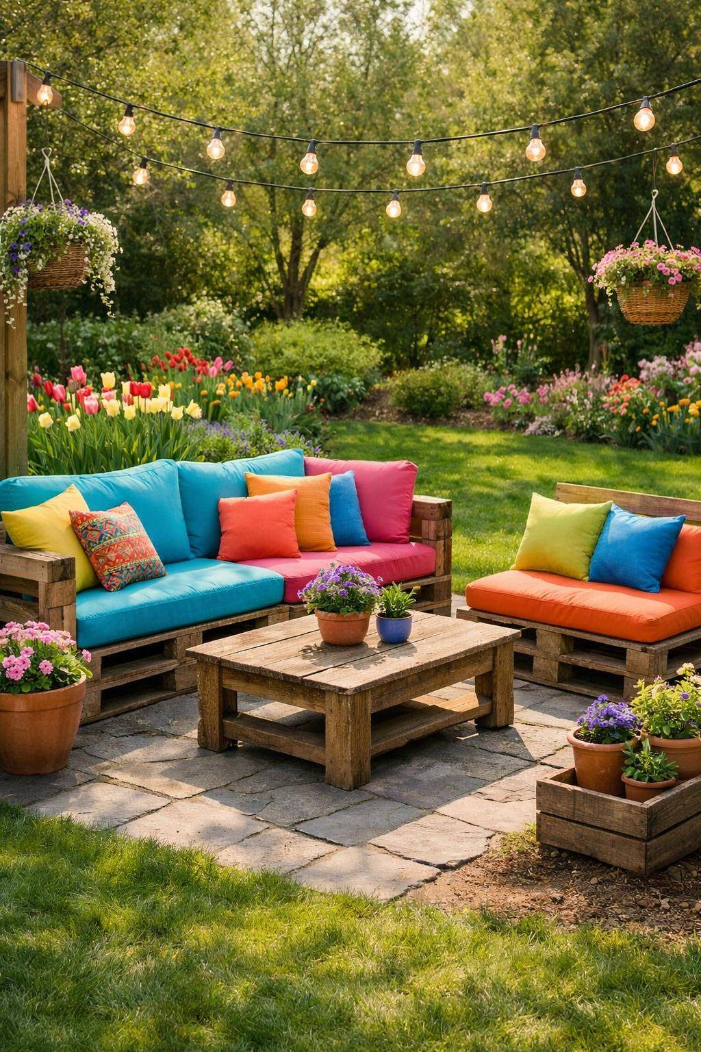 Ideen: Garten fit für den Frühling machen- Gestalte eine bunte Sitzecke mit Palettenmöbeln