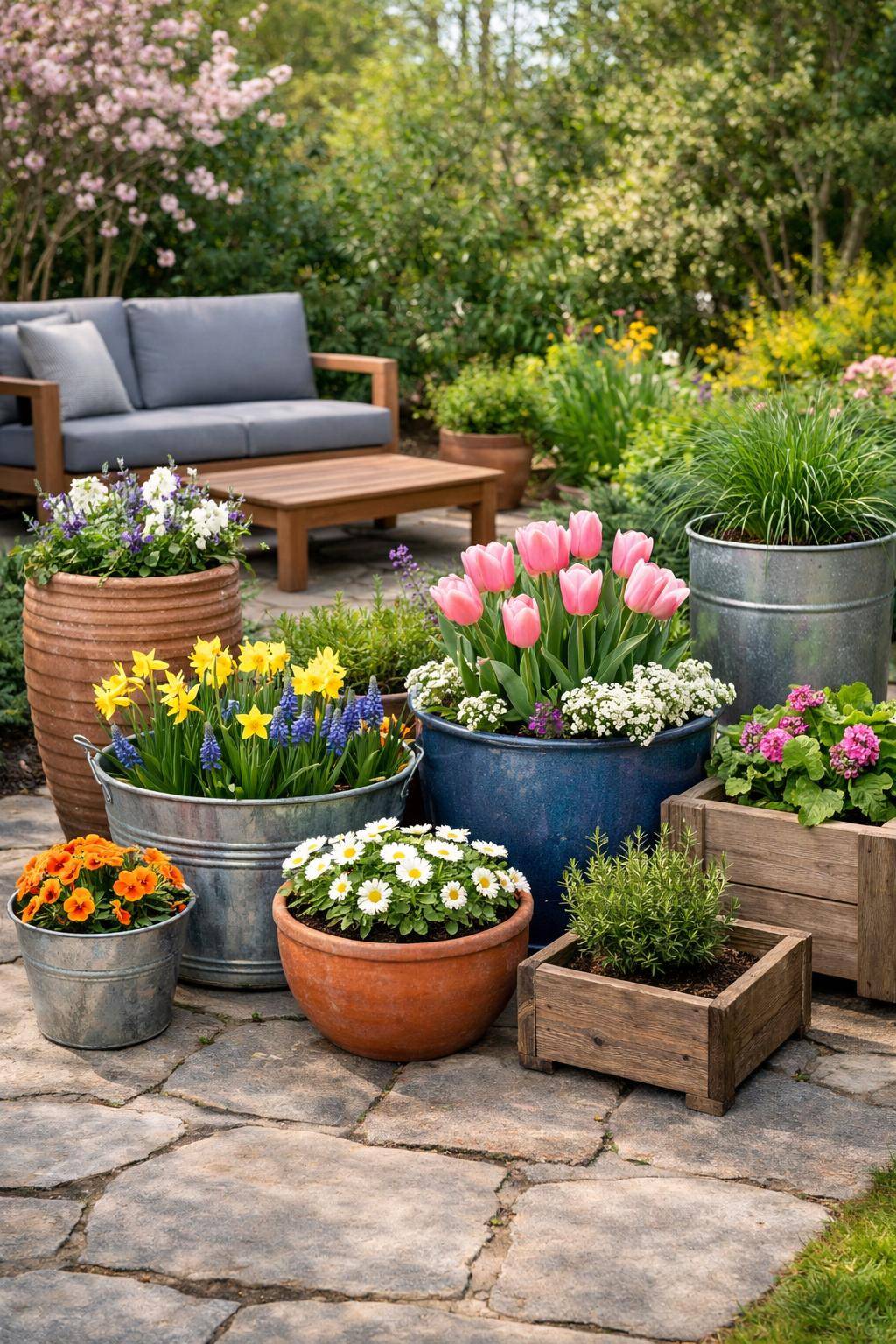 Ideen: Garten fit für den Frühling machen- Kombiniere verschiedene Pflanzgefäße kreativ