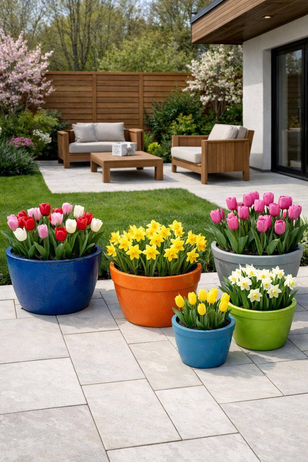 Ideen: Garten fit für den Frühling machen- Nutze bunte Blumentöpfe als Hingucker