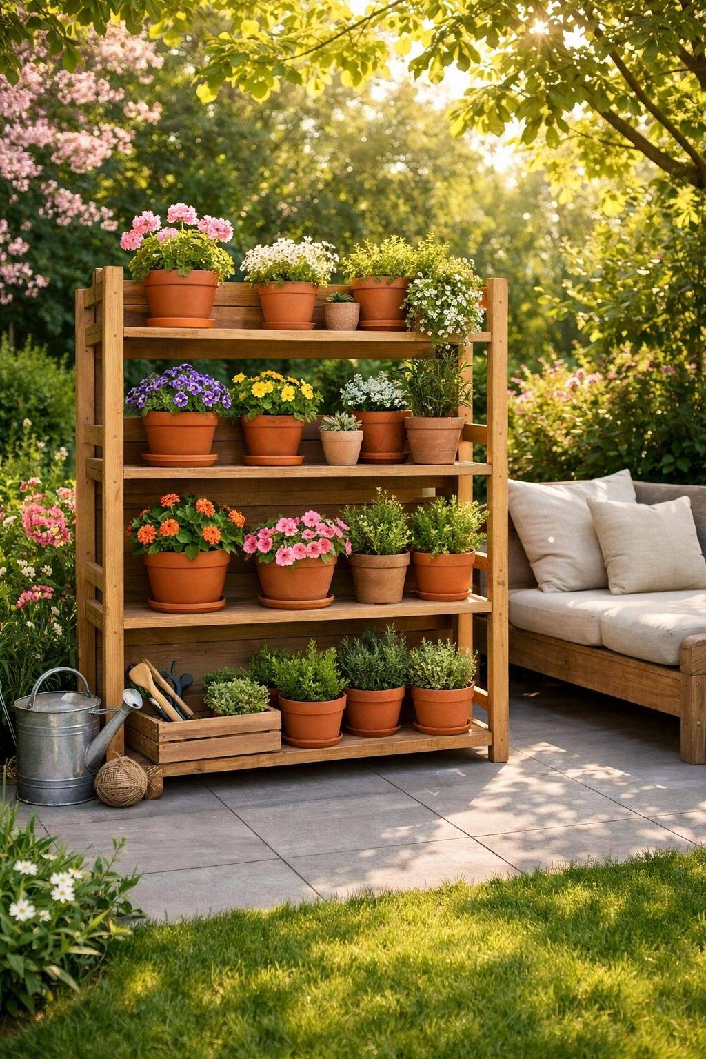 Ideen: Garten fit für den Frühling machen- Stelle ein Outdoor-Regal für Pflanzen auf