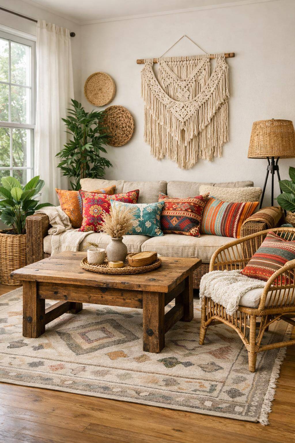 Ideen für Boho-Wohnzimmer-Kombiniere bunte Kissen mit Mustermix