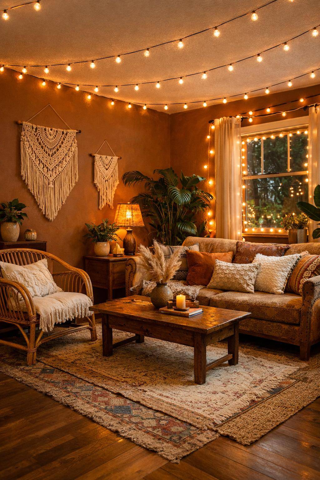 Ideen für Boho-Wohnzimmer- Arrangiere Lichterketten für gemütliche Atmosphäre