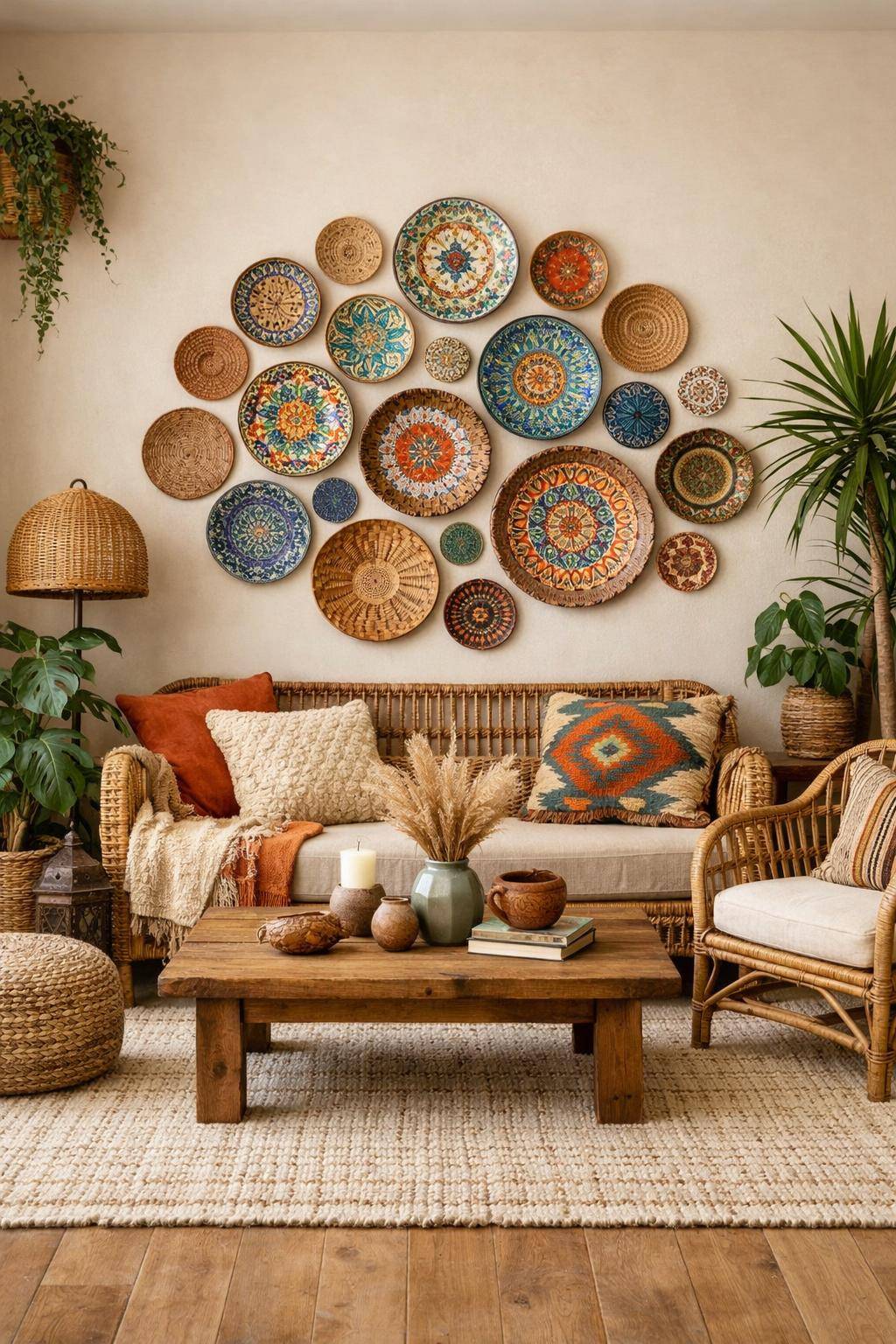 Ideen für Boho-Wohnzimmer- Betone Wände mit bunten Wandtellern