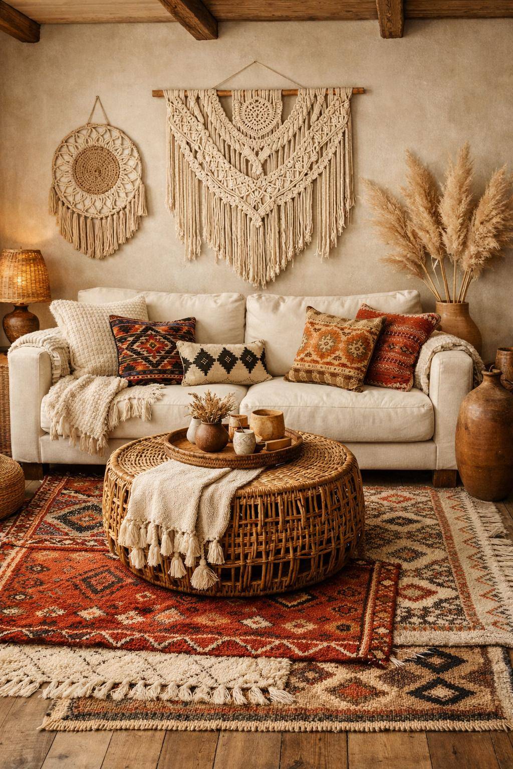 Ideen für Boho-Wohnzimmer- Dekoriere mit Ethno-Mustern auf Textilien