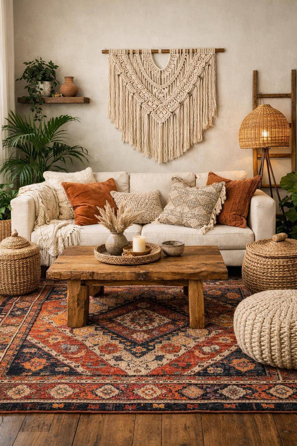 Ideen für Boho-Wohnzimmer- Integriere Vintage-Teppiche in kräftigen Farben