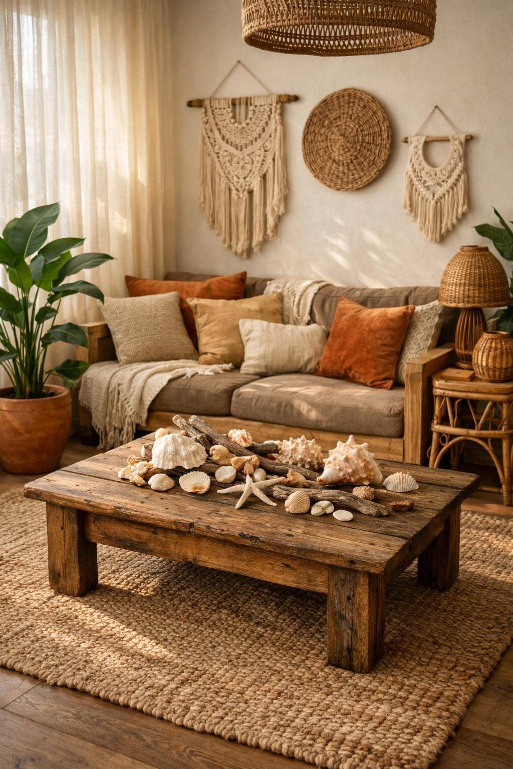Ideen für Boho-Wohnzimmer- Lass den Couchtisch mit Muscheln schmücken