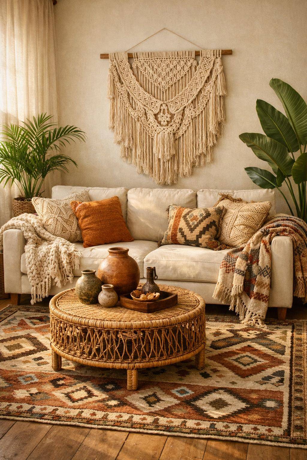 Ideen für Boho-Wohnzimmer- Lege kuschelige Plaids über das Sofa