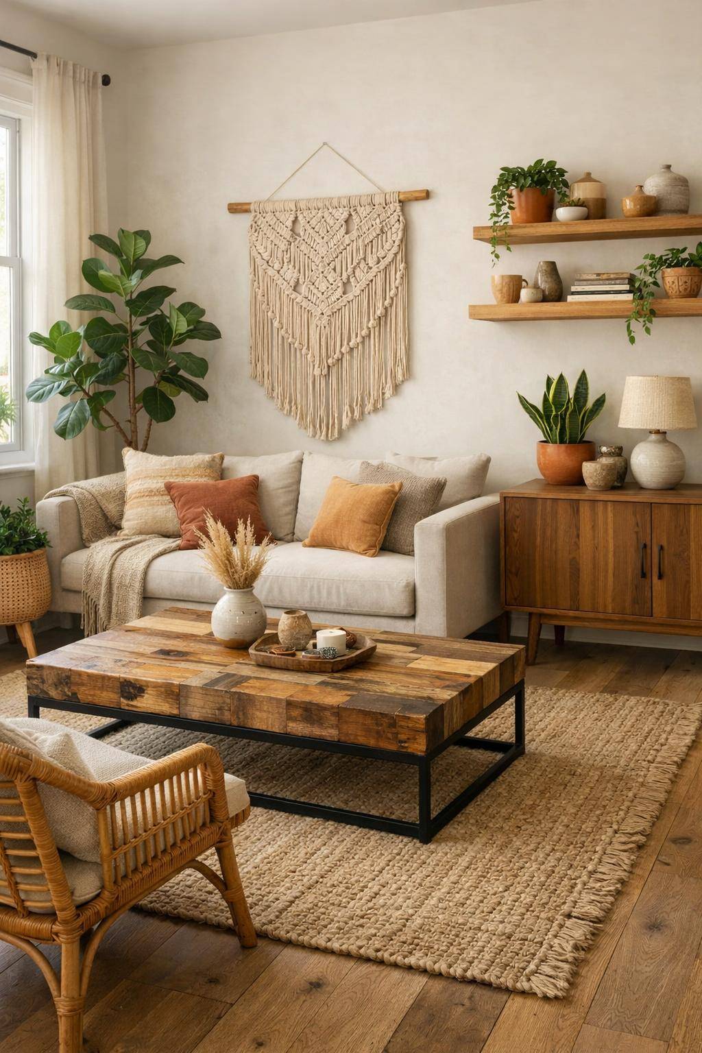 Ideen für Boho-Wohnzimmer- Mixe verschiedene Holzarten für Kontraste