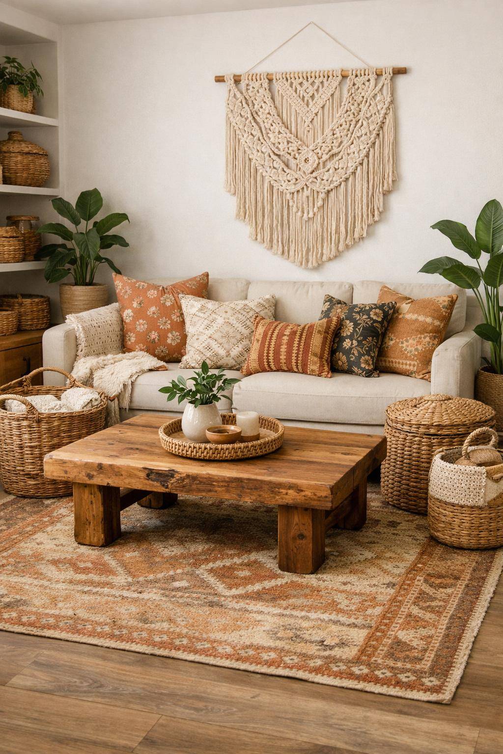 Ideen für Boho-Wohnzimmer- Nutze geflochtene Körbe als Aufbewahrung