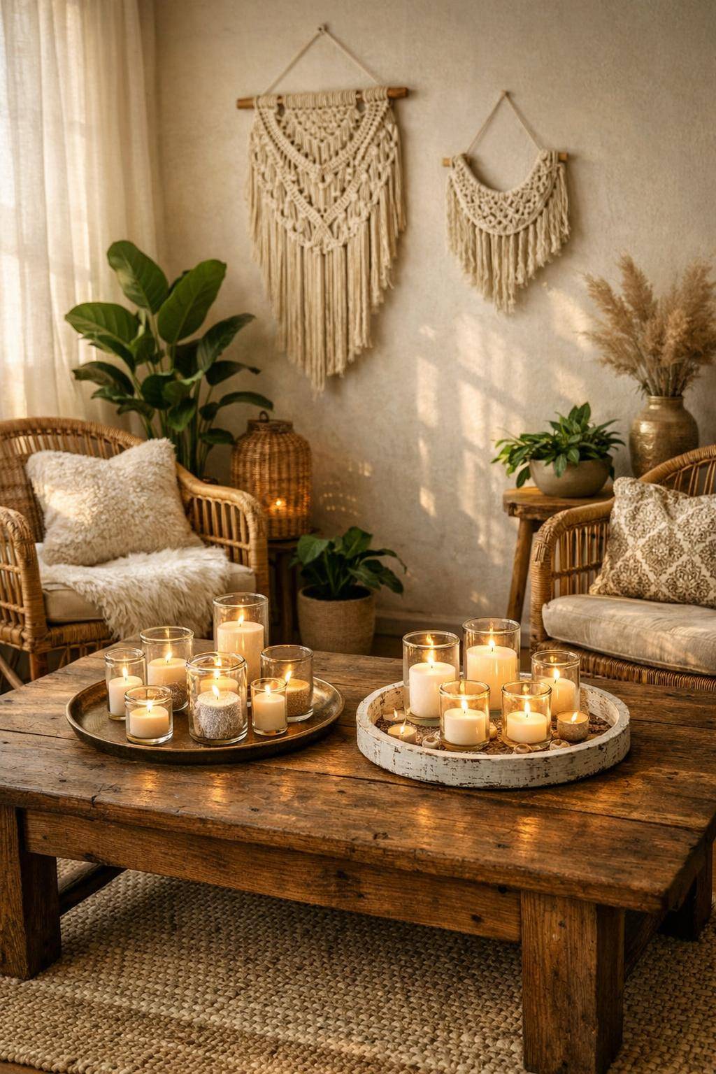Ideen für Boho-Wohnzimmer- Ordne Kerzen in Gläsern auf Tabletts an