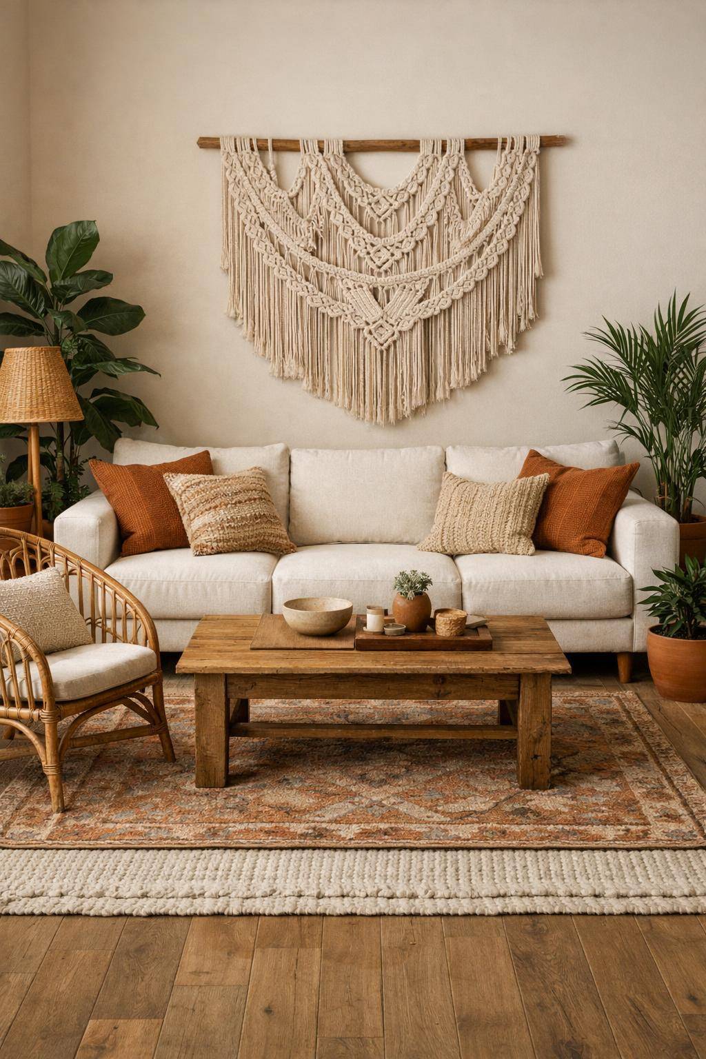 Ideen für Boho-Wohnzimmer- Platziere Makramee-Wanddeko über dem Sofa